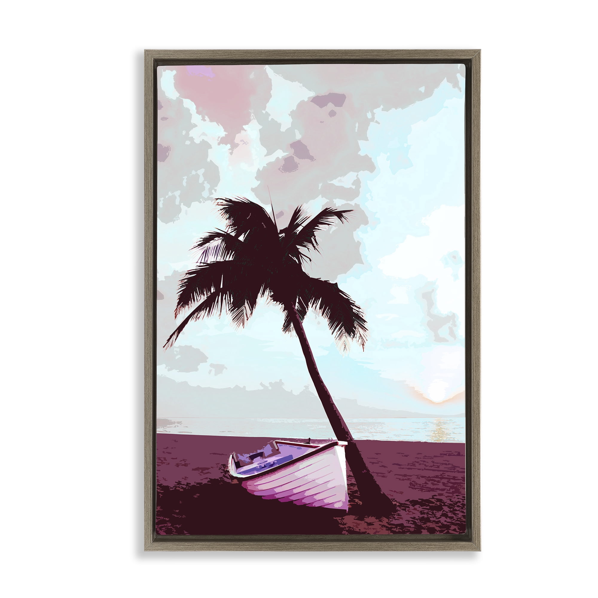 Stupell Industries Boat & Palm Tree Landscape Painting Brown Floater Framed Canvas Art Print Wall Art, 17 x 25