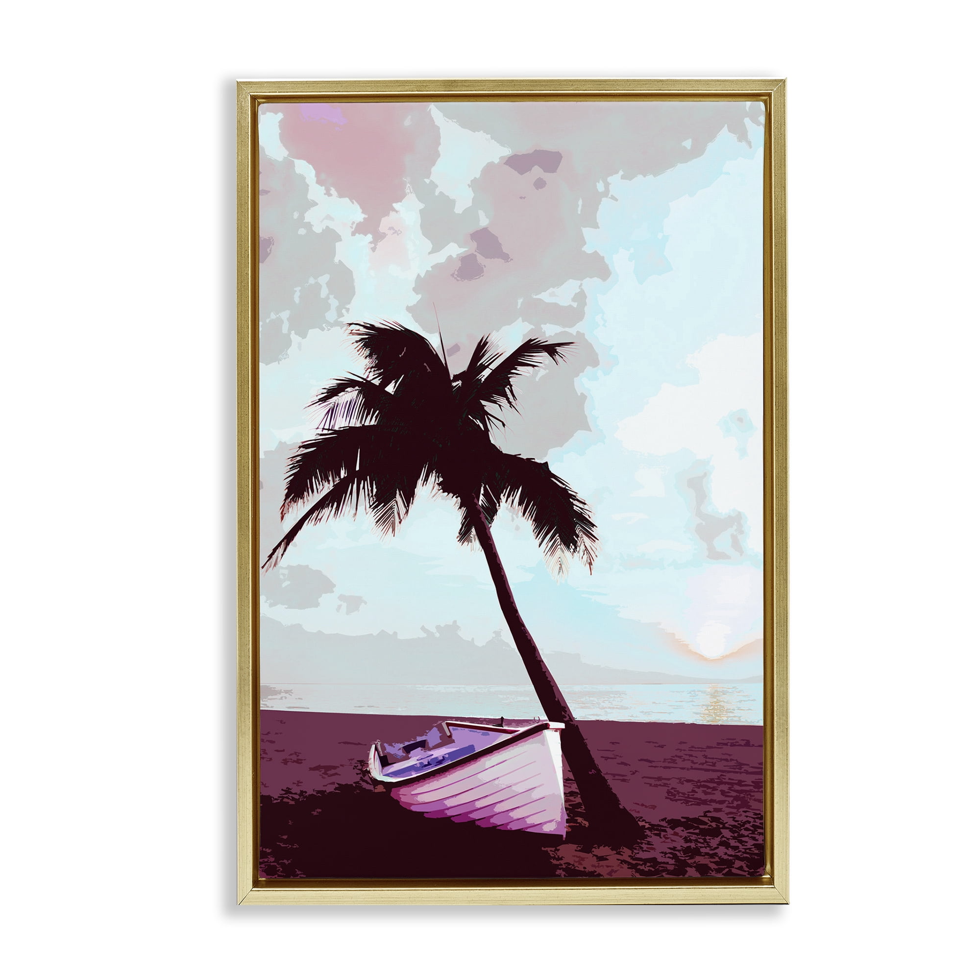 Stupell Industries Boat & Palm Tree Landscape Painting Gold Floater Framed Canvas Art Print Wall Art, 17 x 25