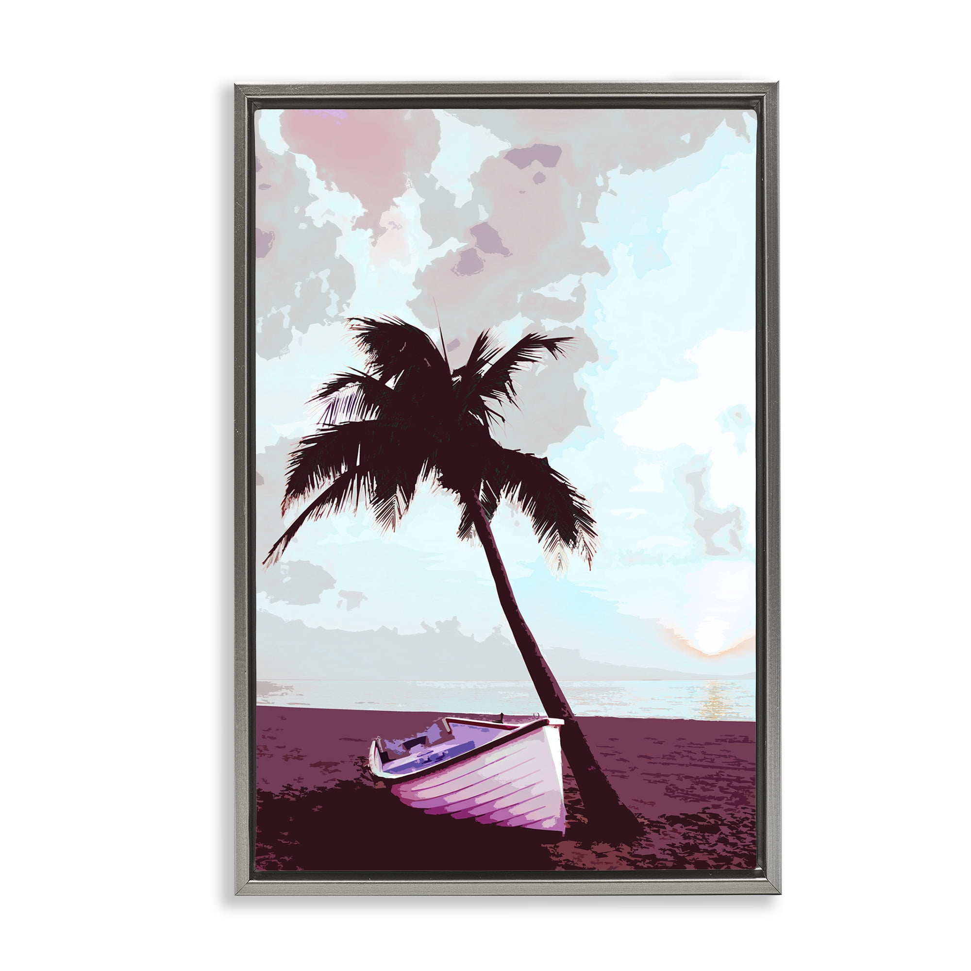 Stupell Industries Boat & Palm Tree Landscape Painting Gray Floater Framed Canvas Art Print Wall Art, 17 x 25