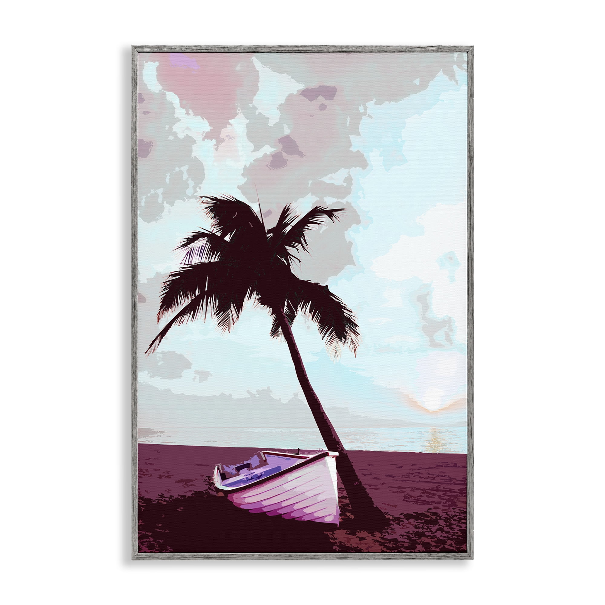 Stupell Industries Boat & Palm Tree Landscape Painting Gray Framed Art Print Wall Art, 12 x 18