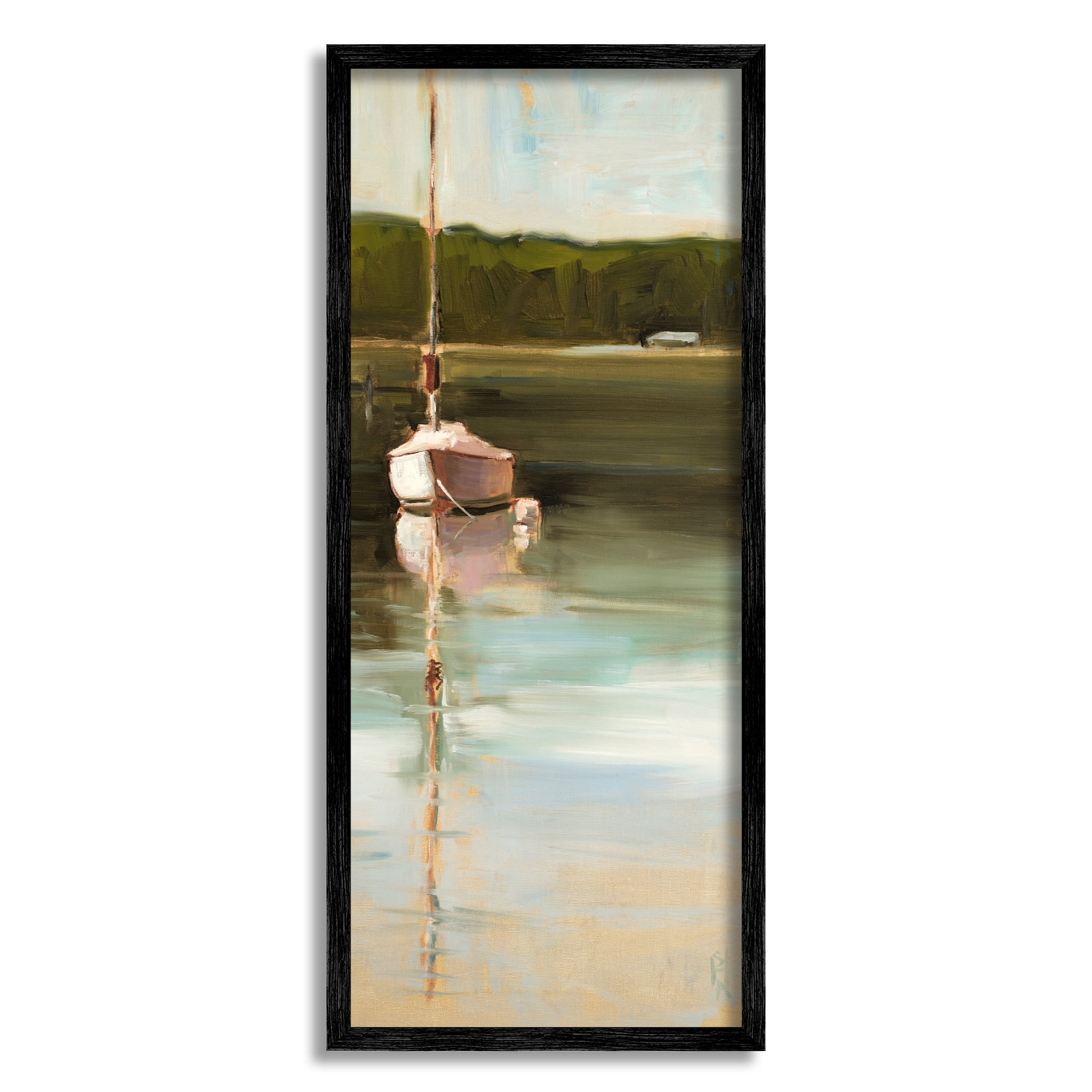 Stupell Industries Boat Reflection Painting Transportation Painting Black Framed Art Print Wall Art, 13 x 30