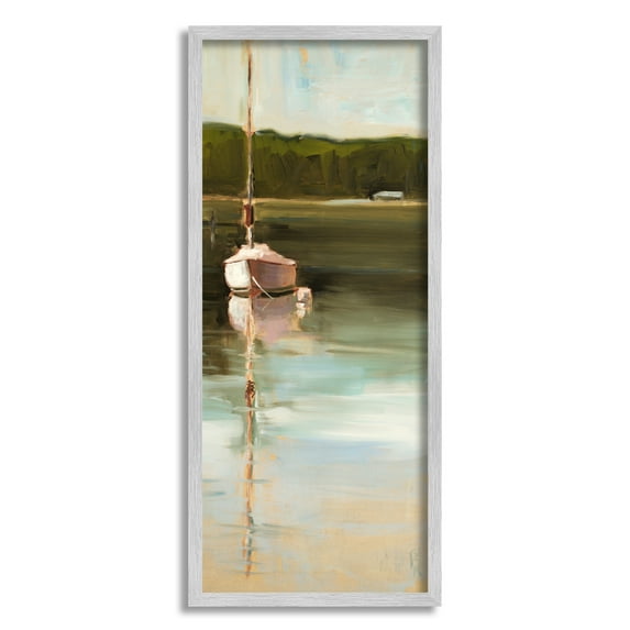 Stupell Industries Boat Reflection Painting Transportation Painting Gray Framed Art Print Wall Art, 13 x 30