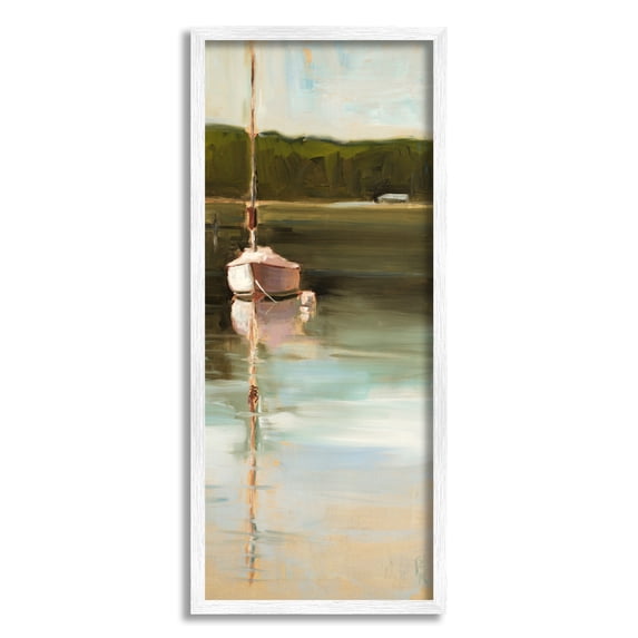Stupell Industries Boat Reflection Painting Transportation Painting White Framed Art Print Wall Art, 10 x 24