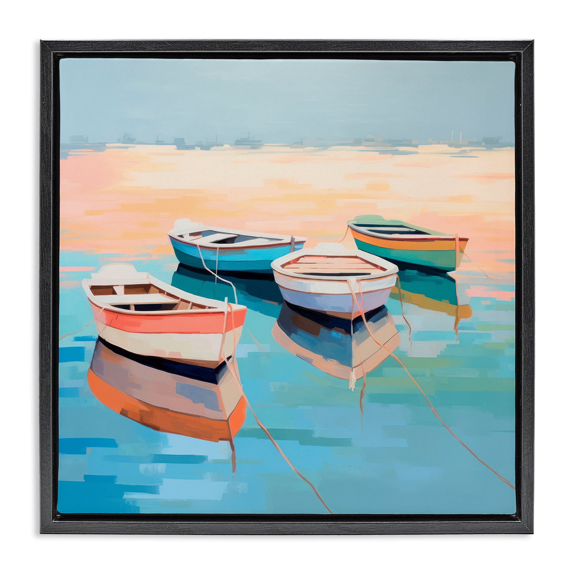 Stupell Industries Boat Reflection Shore Transportation Painting Black Floater Framed Canvas Art Print Wall Art, 18 x 18