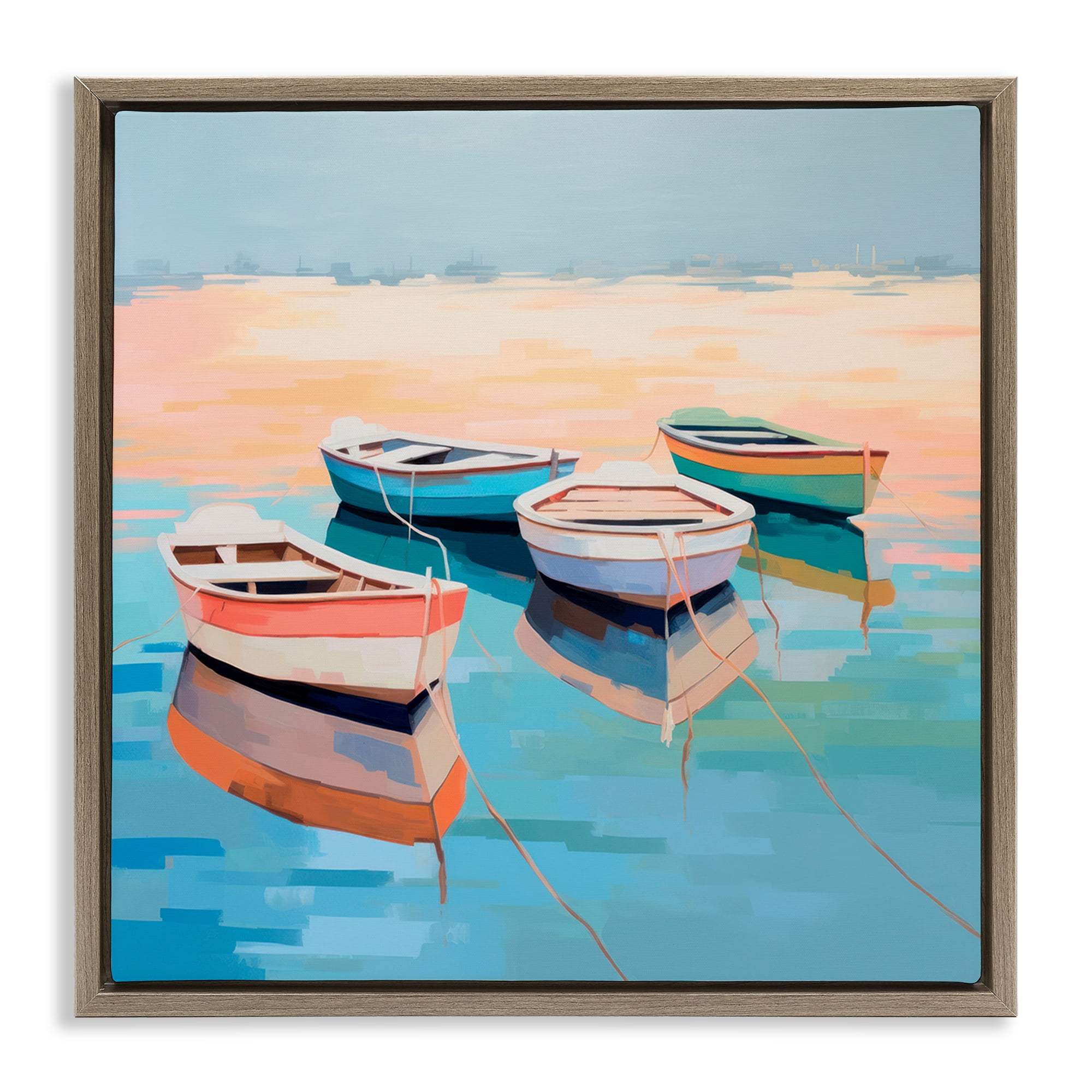 Stupell Industries Boat Reflection Shore Transportation Painting Brown Floater Framed Canvas Art Print Wall Art, 25 x 25