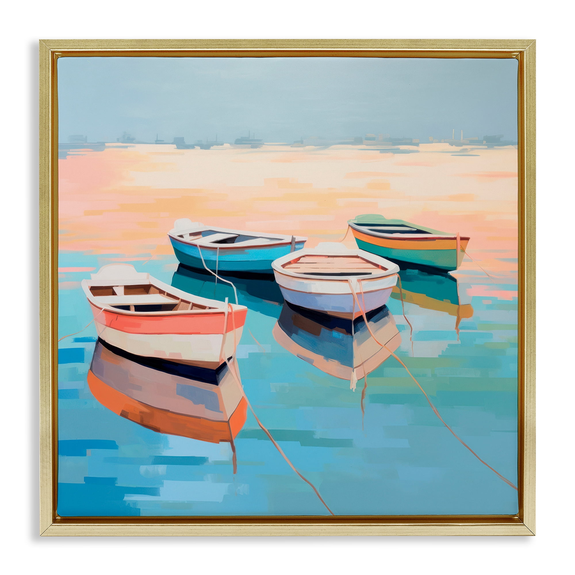Stupell Industries Boat Reflection Shore Transportation Painting Gold Floater Framed Canvas Art Print Wall Art, 25 x 25