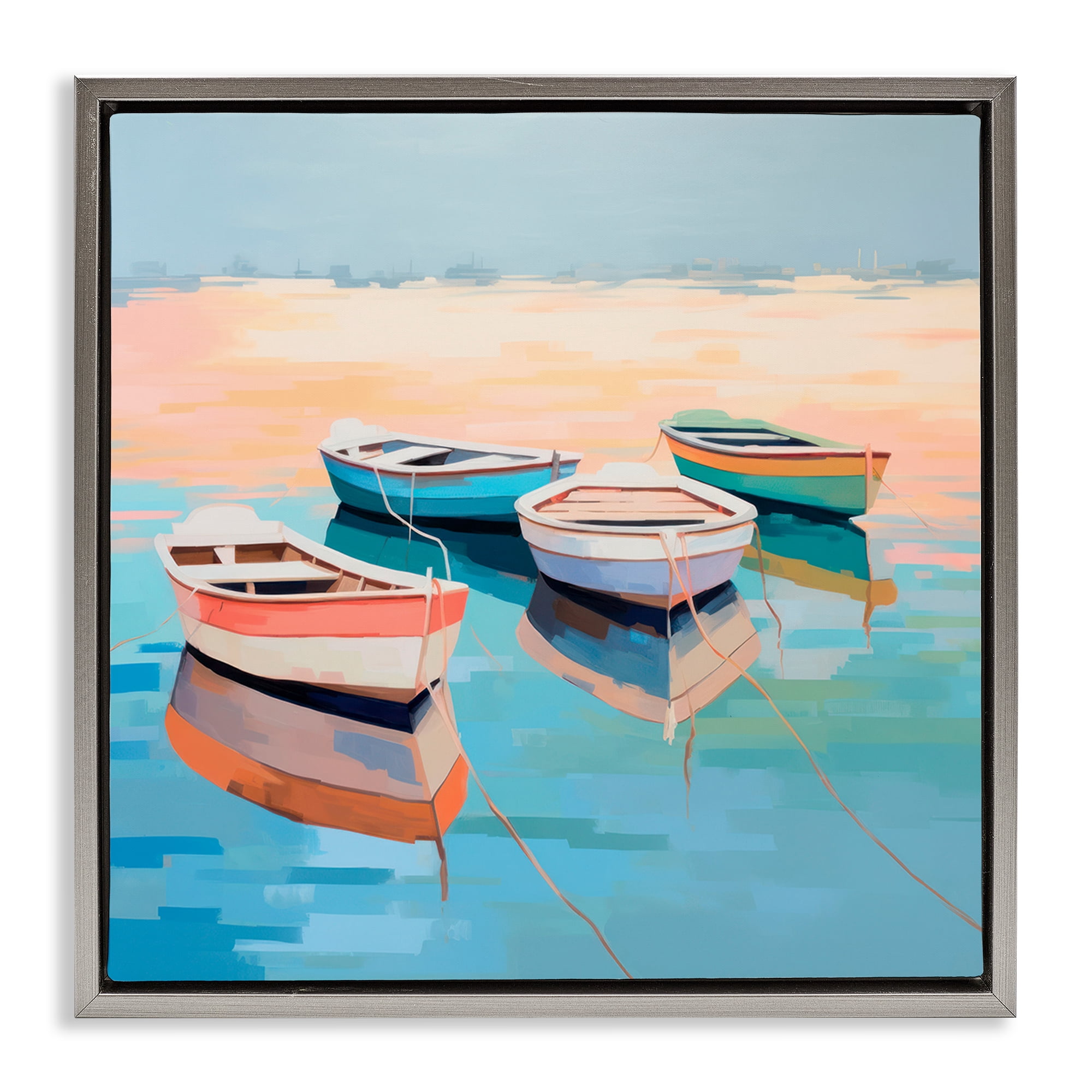 Stupell Industries Boat Reflection Shore Transportation Painting Gray Floater Framed Canvas Art Print Wall Art, 25 x 25