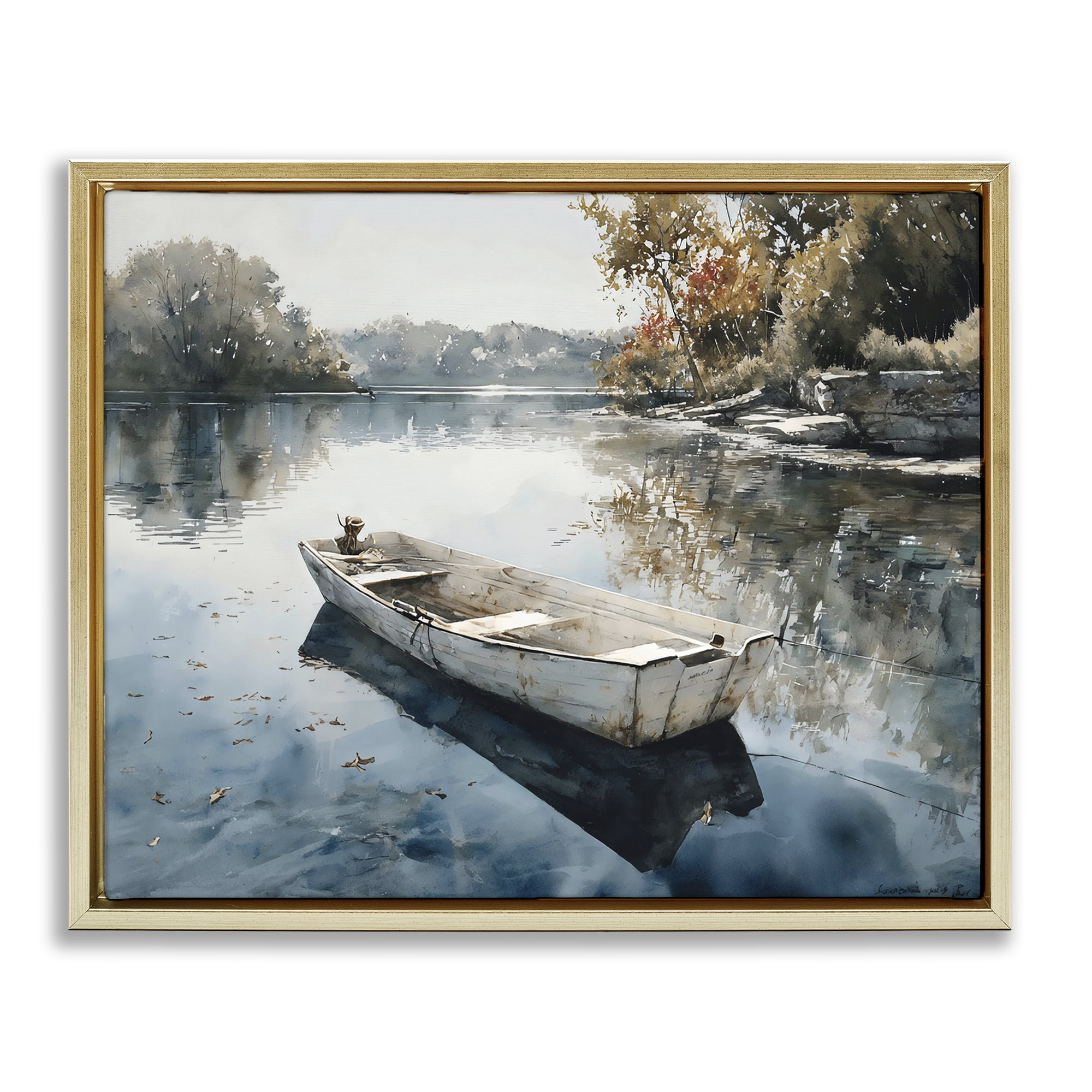 Stupell Industries Boat Ride Through Autumn Reflections Gold Framed Floater Canvas Wall Art, design by Franklyn Gregory
