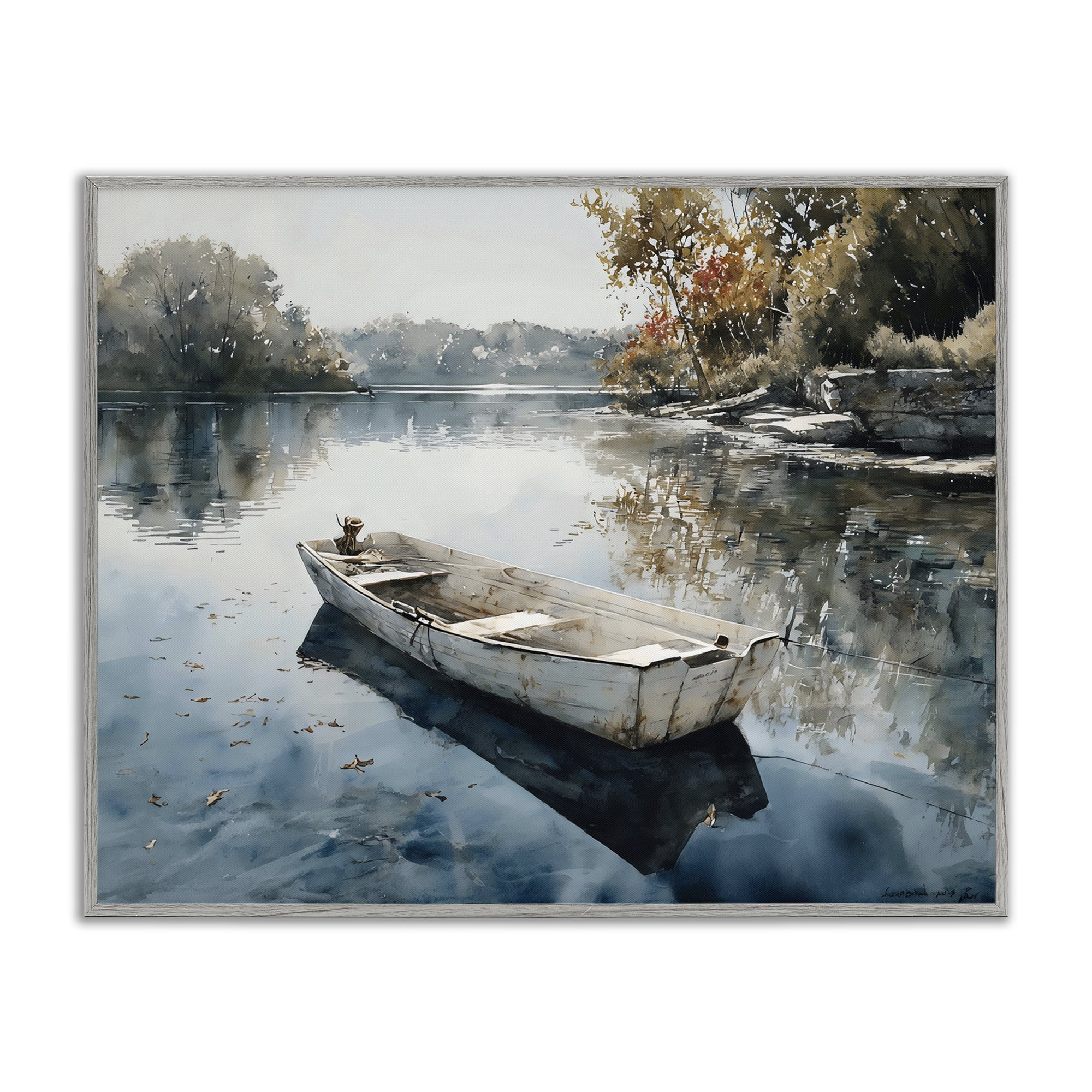 Stupell Industries Boat Ride Through Autumn Reflections Gray Framed Giclee Art, design by Franklyn Gregory