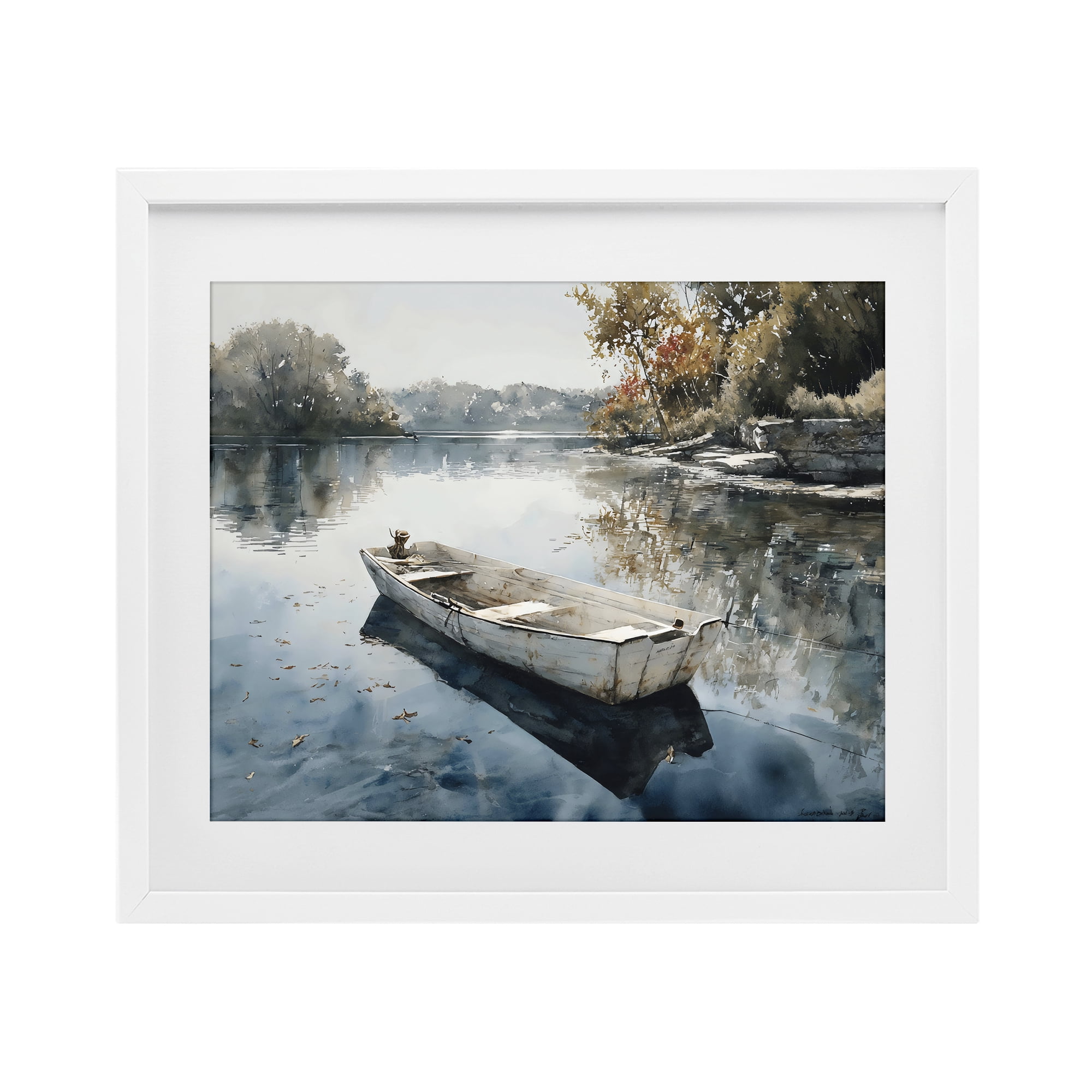 Stupell Industries Boat Ride Through Autumn Reflections White Framed Print Under Glass, design by Franklyn Gregory