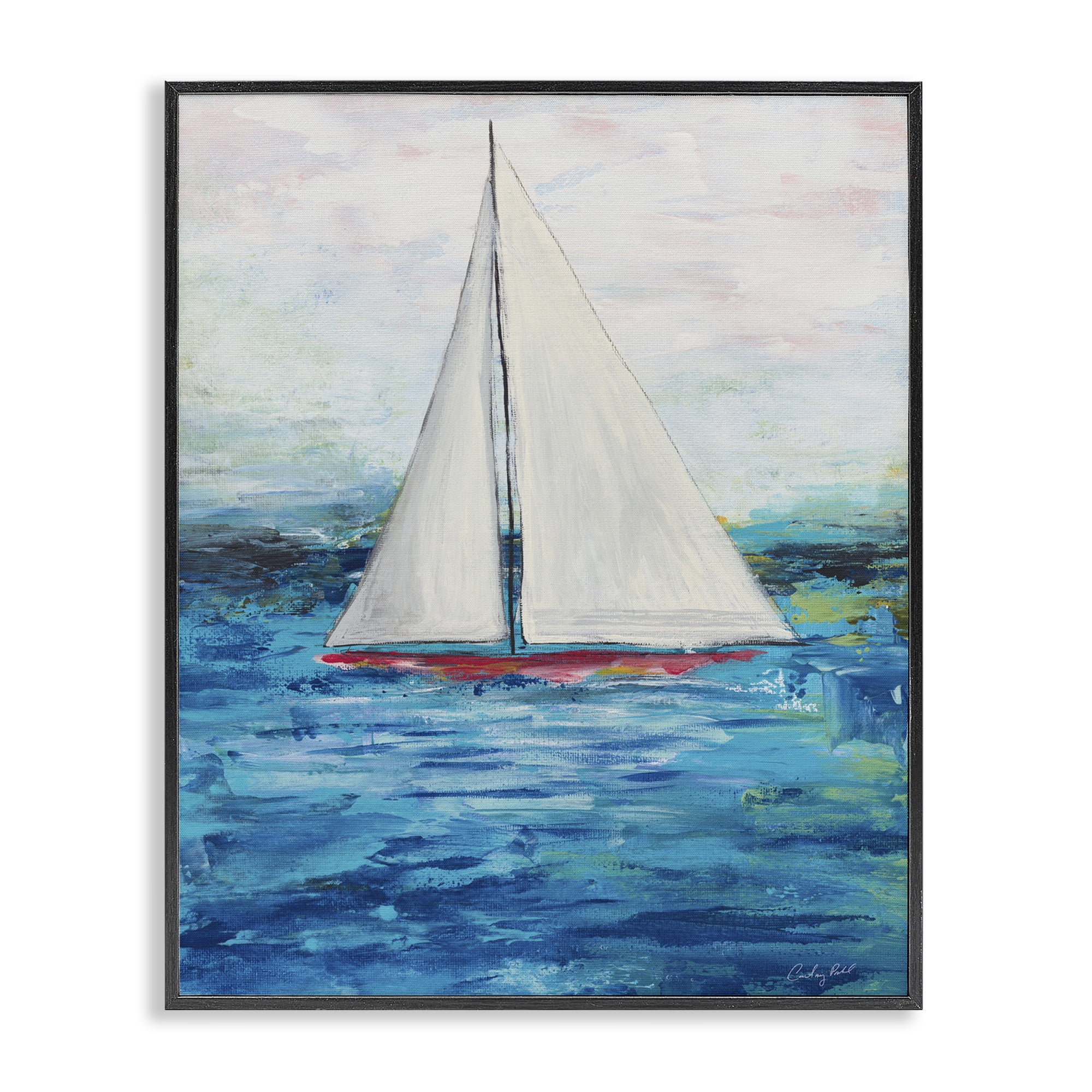 Stupell Industries Boat Setting Sail Coastal Painting Black Framed Art Print Wall Art, 16 x 20