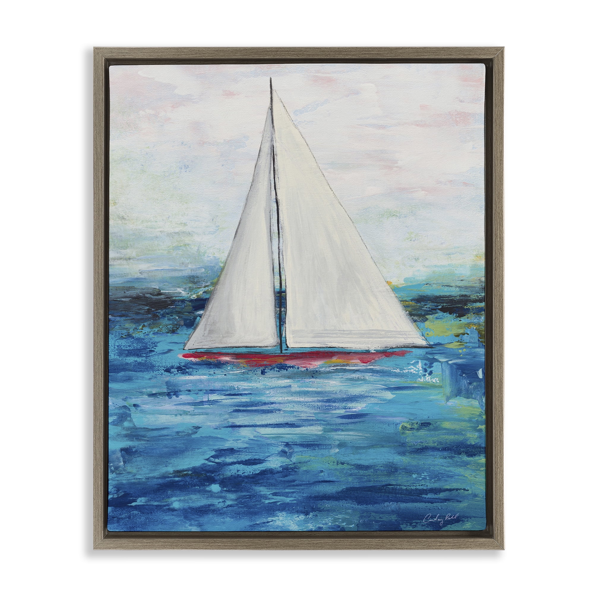 Stupell Industries Boat Setting Sail Coastal Painting Brown Floater Framed Canvas Art Print Wall Art, 25 x 31