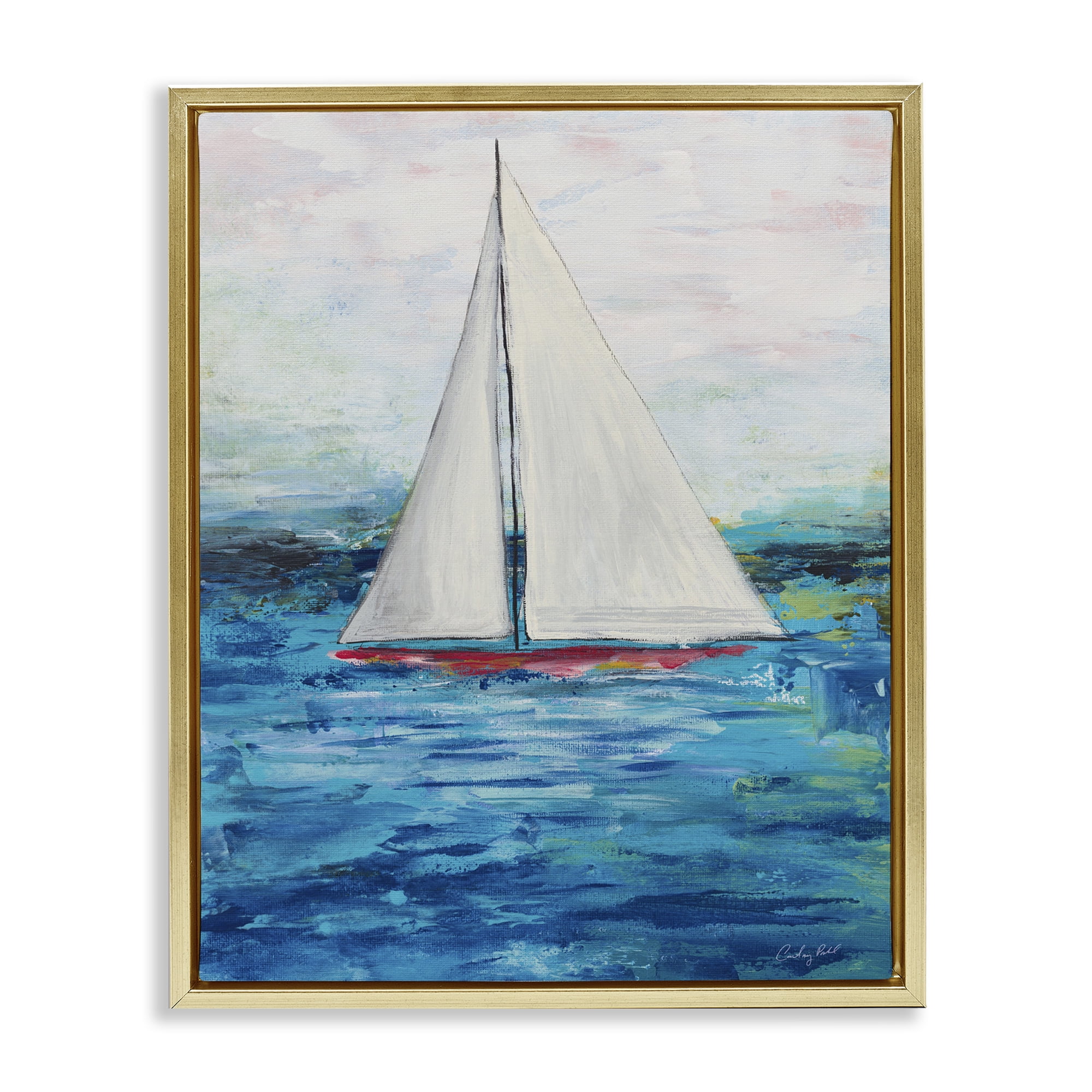 Stupell Industries Boat Setting Sail Coastal Painting Gold Floater Framed Canvas Art Print Wall Art, 17 x 21