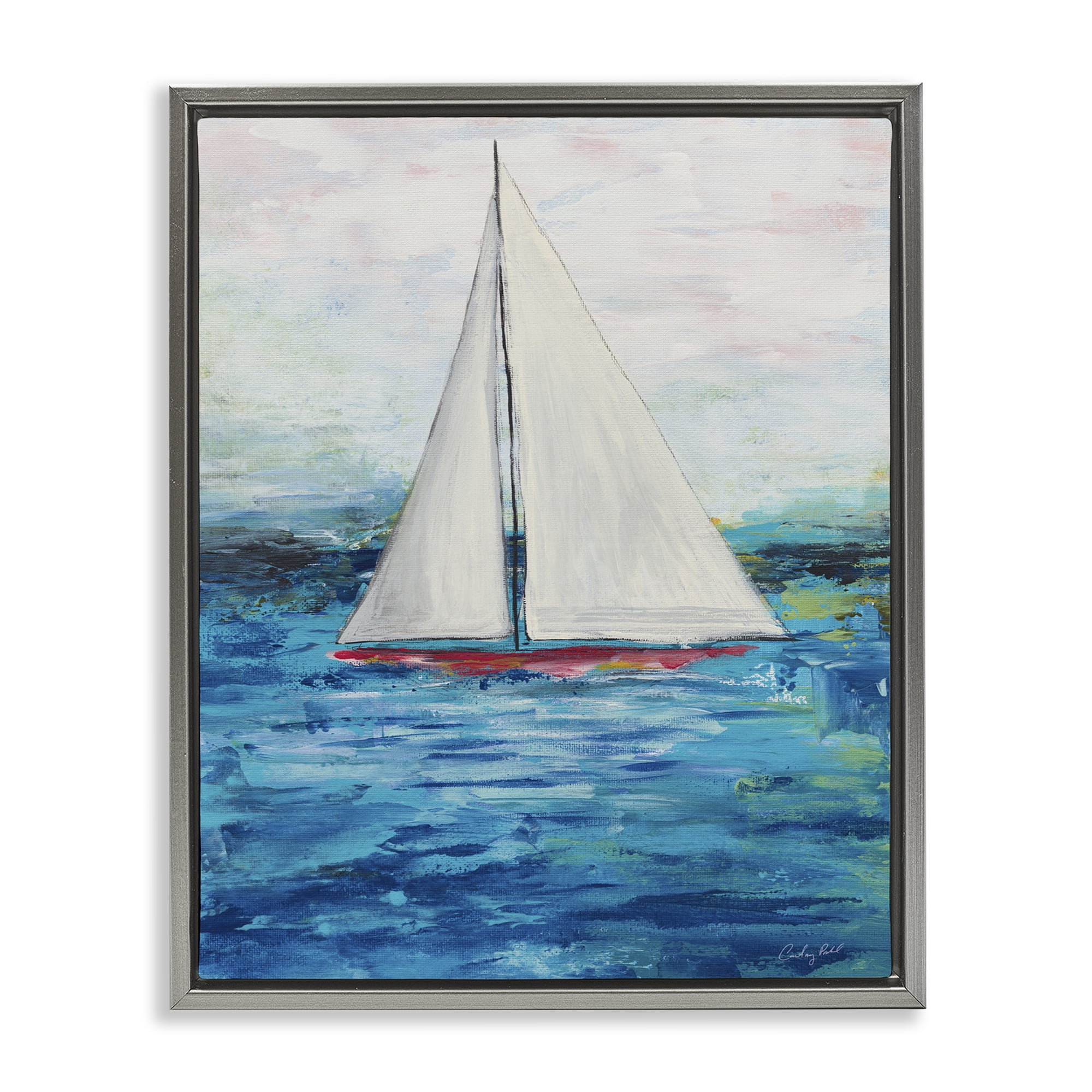 Stupell Industries Boat Setting Sail Coastal Painting Gray Floater Framed Canvas Art Print Wall Art, 25 x 31