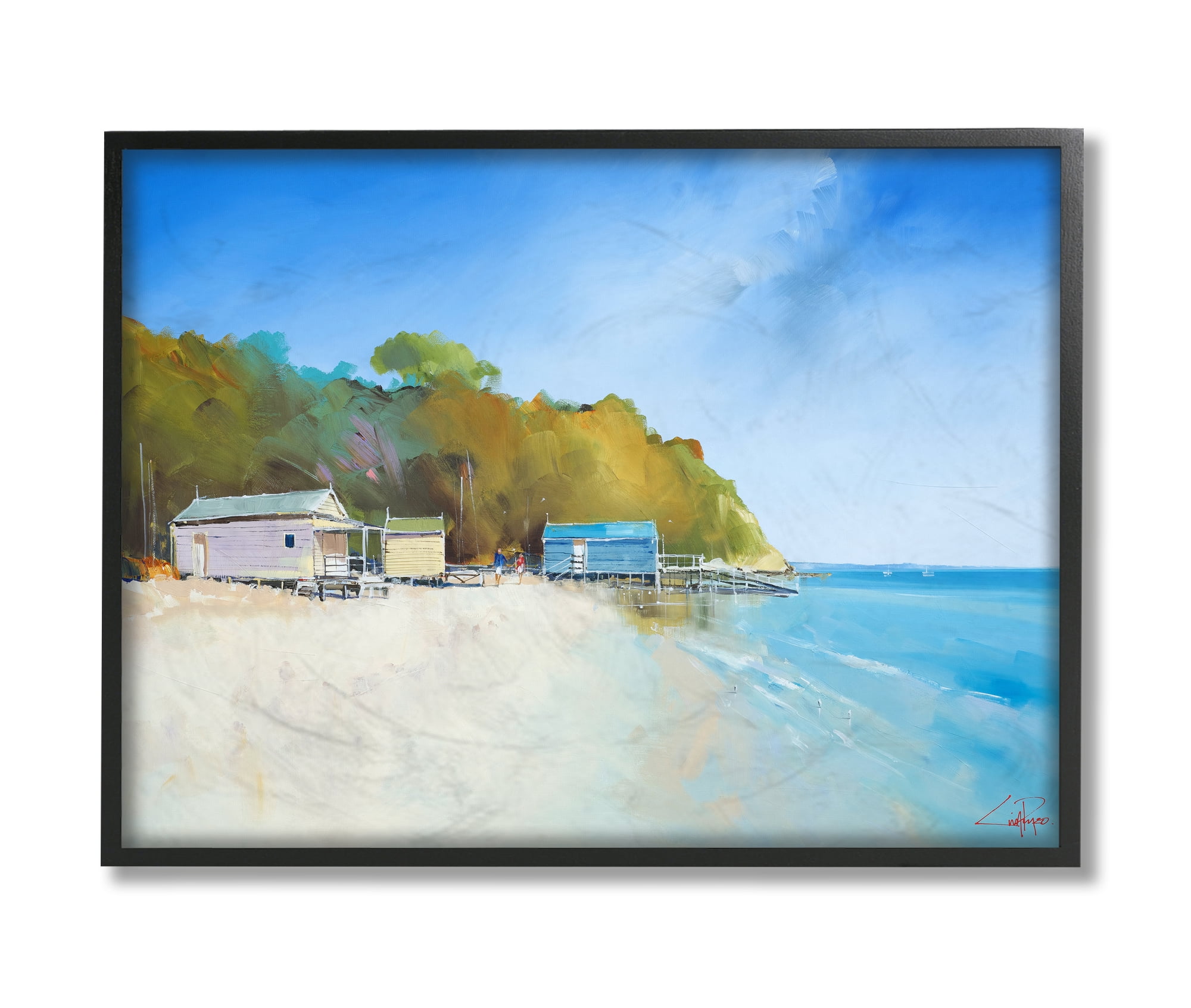 Stupell Industries Boat Shacks on Sandy Coast Beach Line Black Framed, 24 x 30, Design by Craig Trewin Penny