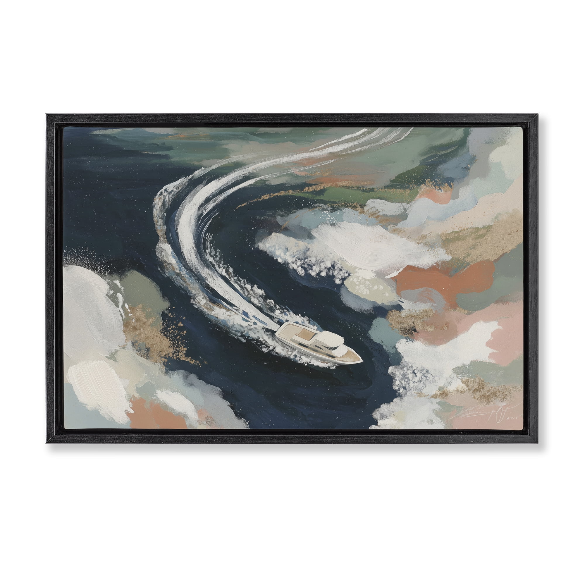 Stupell Industries Boat Wake From Above Black Framed Floater Canvas Wall Art, design by Chromatic Storm Studio