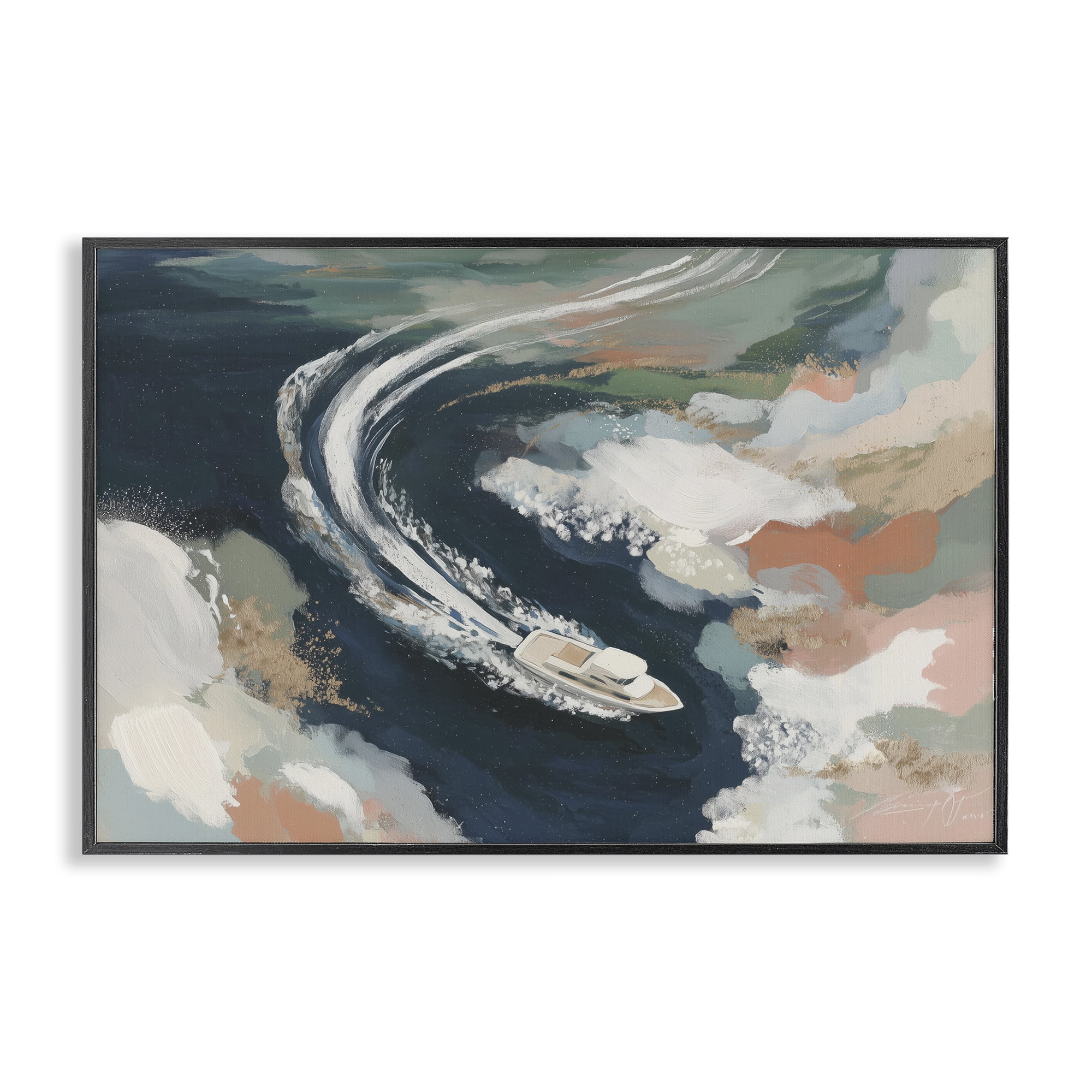 Stupell Industries Boat Wake From Above Black Framed Giclee Art, design by Chromatic Storm Studio