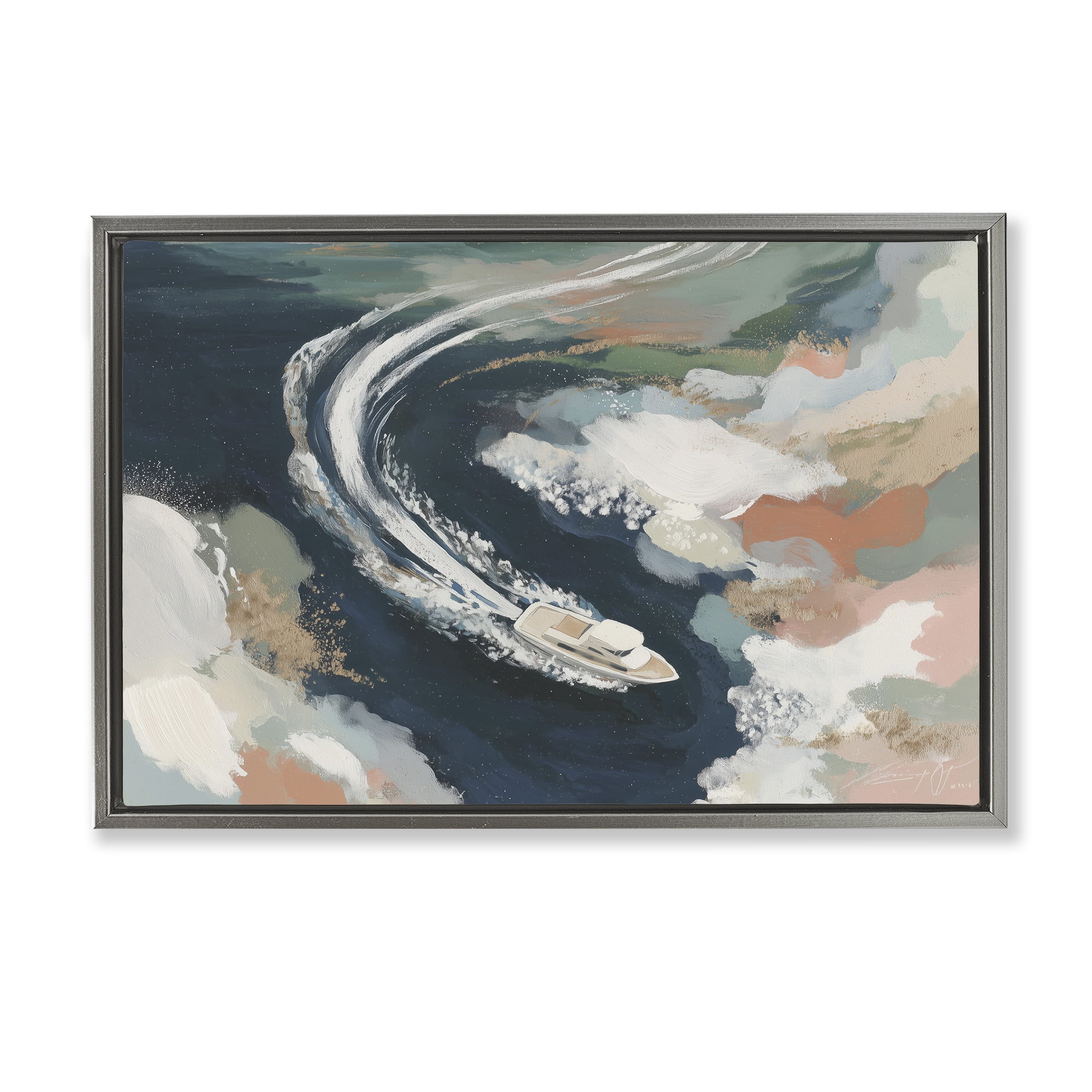 Stupell Industries Boat Wake From Above Gray Framed Floater Canvas Wall Art, design by Chromatic Storm Studio