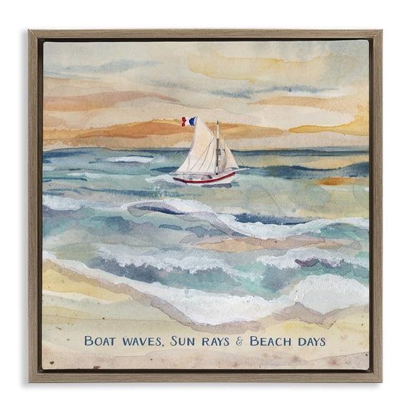 Stupell Industries Boat Waves Sun Rays Beach Days Brown Framed Floater Canvas Wall Art design by Audrey Jeanne Roberts, 18 x 18