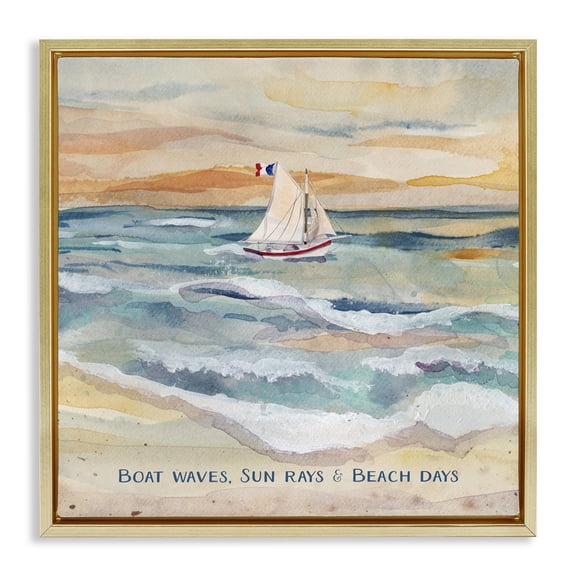 Stupell Industries Boat Waves Sun Rays Beach Days Gold Framed Floater Canvas Wall Art design by Audrey Jeanne Roberts, 25 x 25