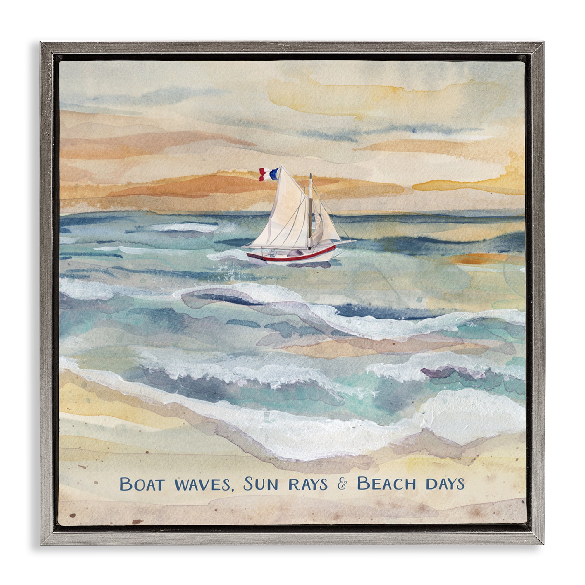 Stupell Industries Boat Waves Sun Rays Beach Days Gray Framed Floater ...