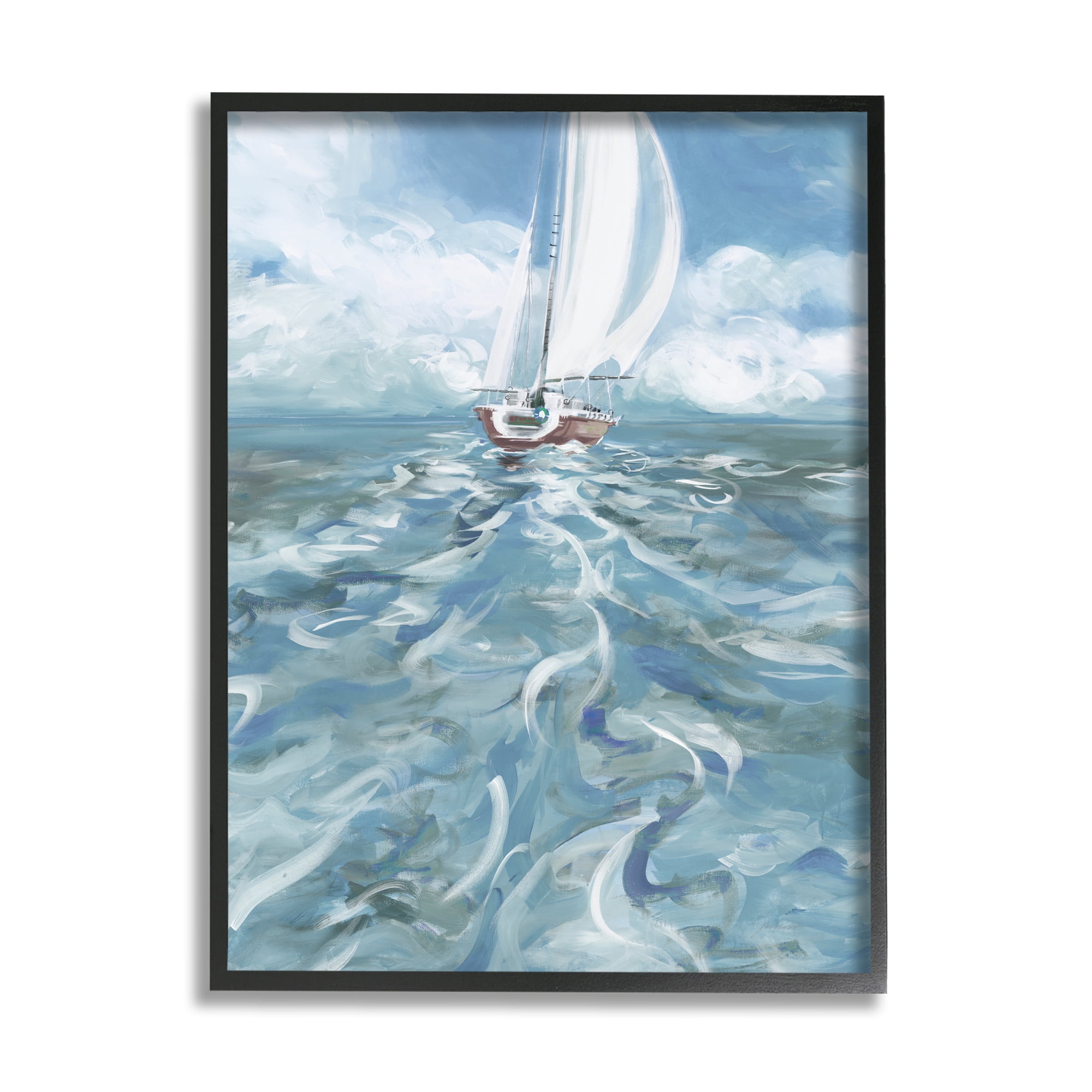 Stupell Industries Boat Waves Wake Painting Transportation Painting Black Framed Art Print Wall Art, 24 x 30