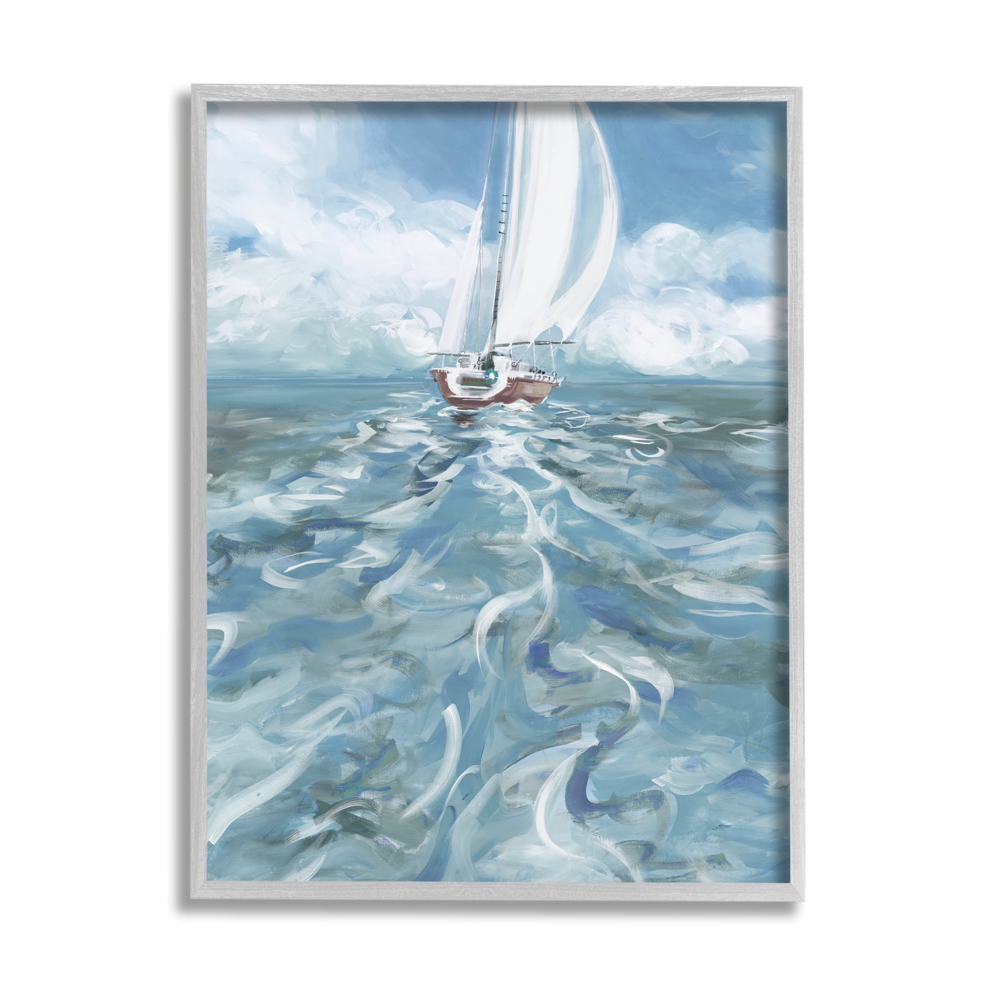 Stupell Industries Boat Waves Wake Painting Transportation Painting Gray Framed Art Print Wall Art, 24 x 30