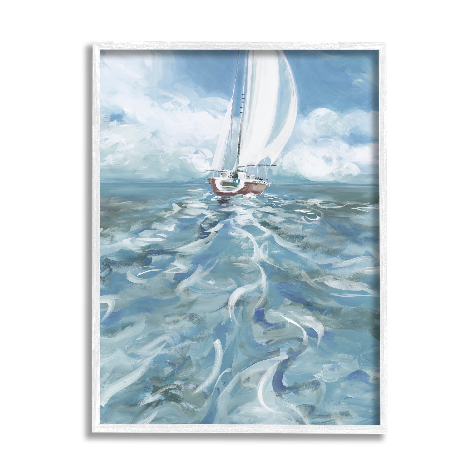 Stupell Industries Boat Waves Wake Painting Transportation Painting White Framed Art Print Wall Art, 16 x 20