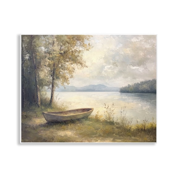 Stupell Industries Boat at Lake's Edge Landscape & Nature Painting Unframed Art Print Wall Art, 14 x 11