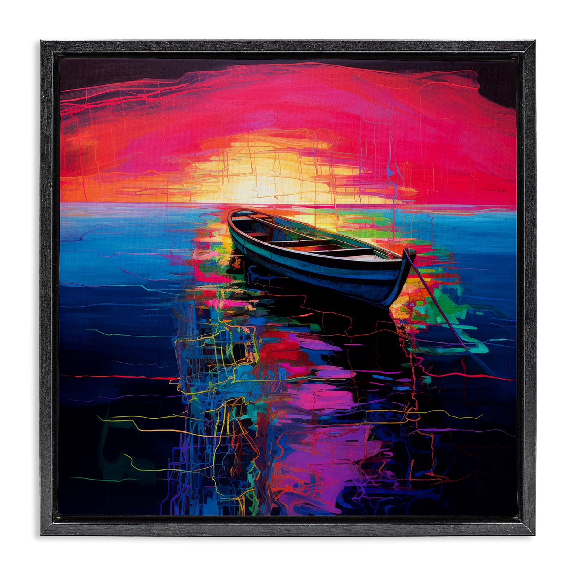 Stupell Industries Boat in Bold Sunset Transportation Painting Black Floater Framed Canvas Art Print Wall Art, 18 x 18