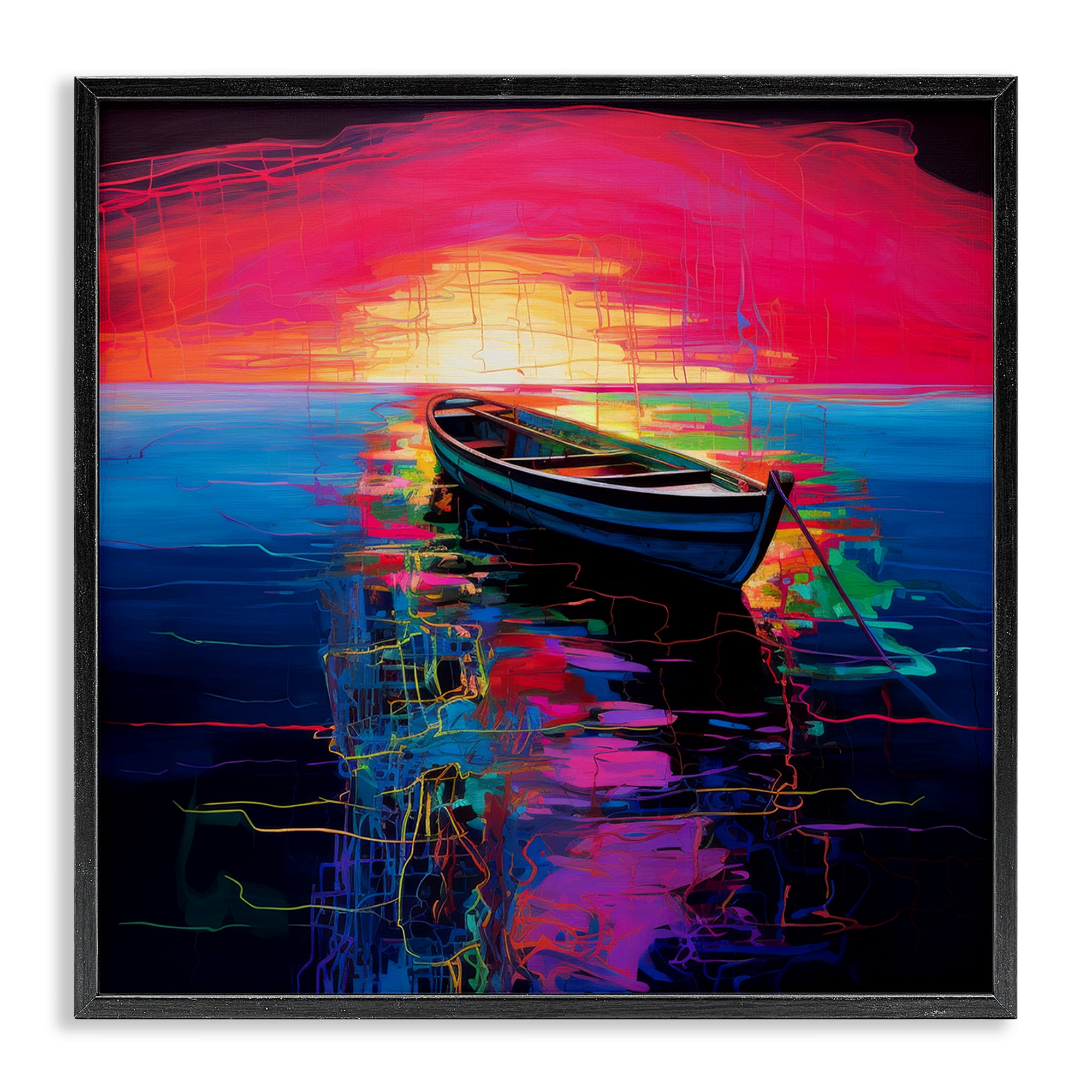 Stupell Industries Boat in Bold Sunset Transportation Painting Black Framed Art Print Wall Art, 17 x 17