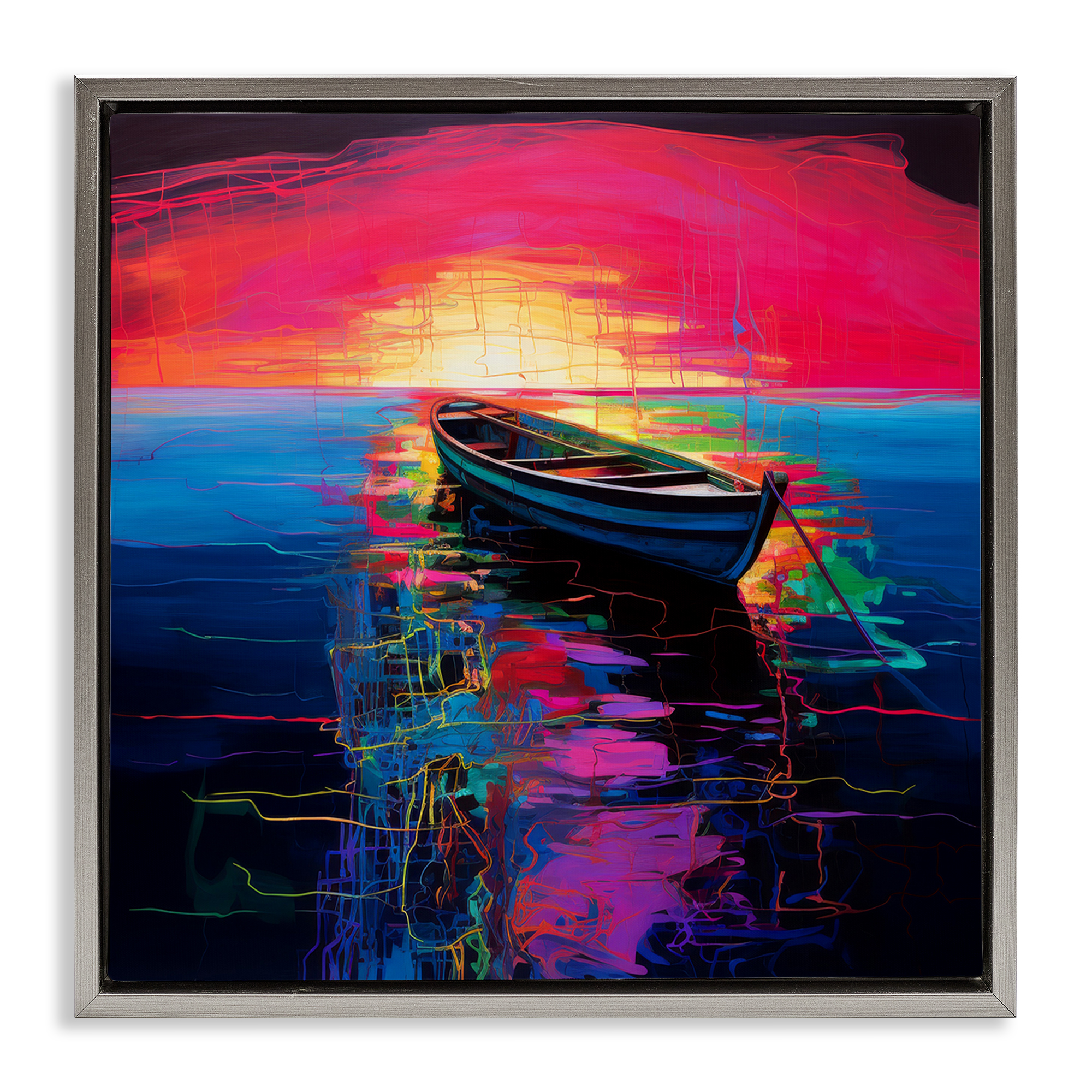 Stupell Industries Boat in Bold Sunset Transportation Painting Gray Floater Framed Canvas Art Print Wall Art, 25 x 25