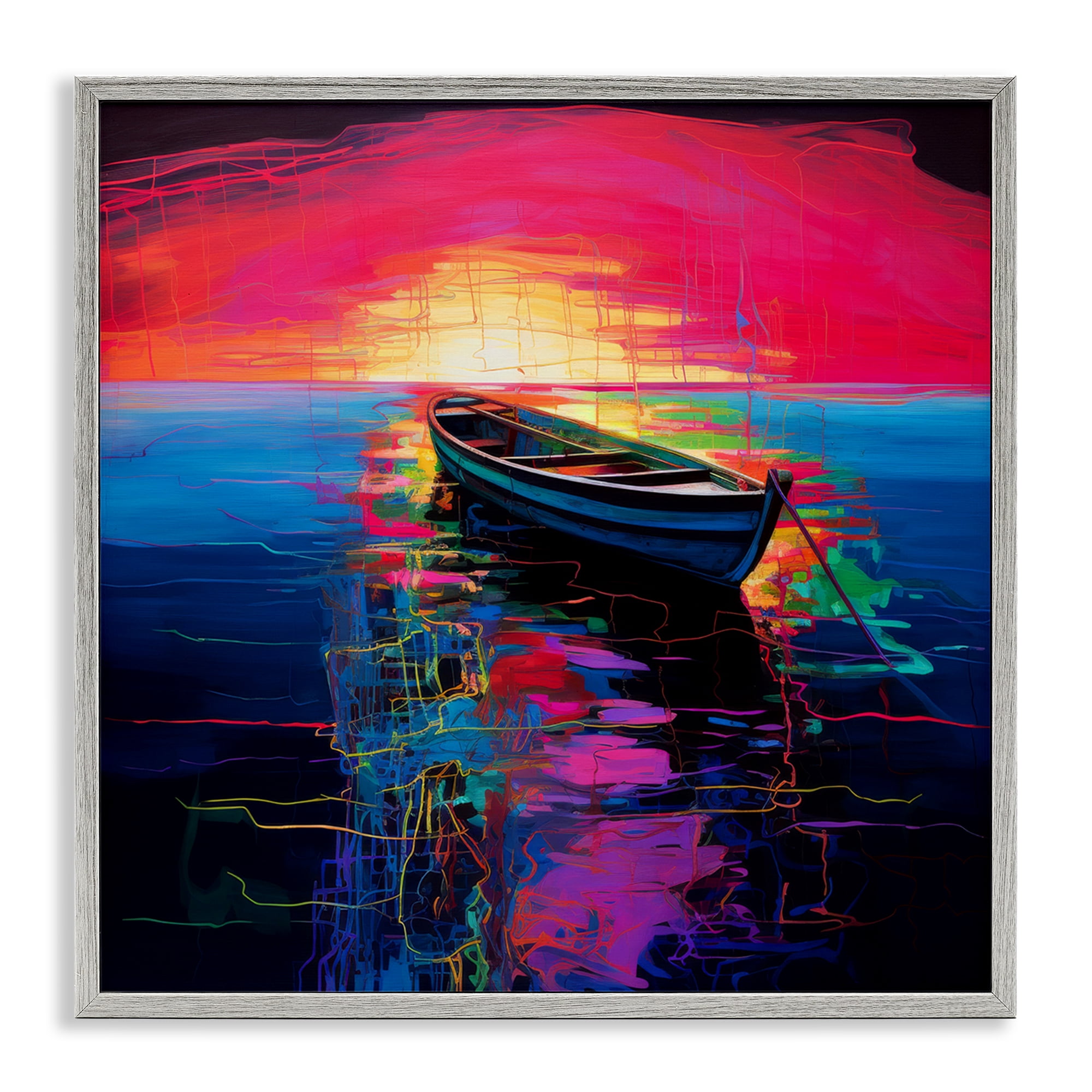 Stupell Industries Boat in Bold Sunset Transportation Painting Gray Framed Art Print Wall Art, 17 x 17