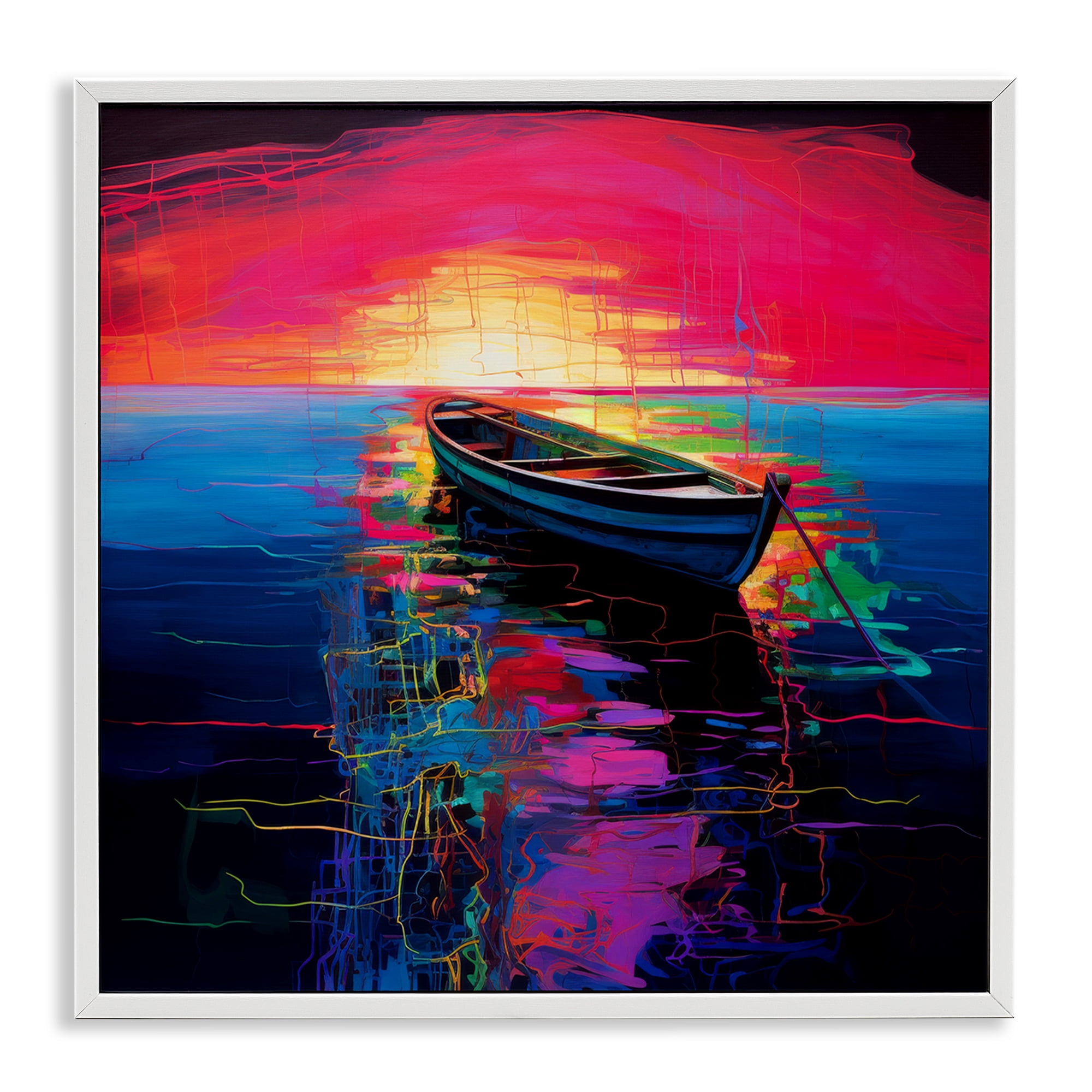 Stupell Industries Boat in Bold Sunset Transportation Painting White Framed Art Print Wall Art, 17 x 17