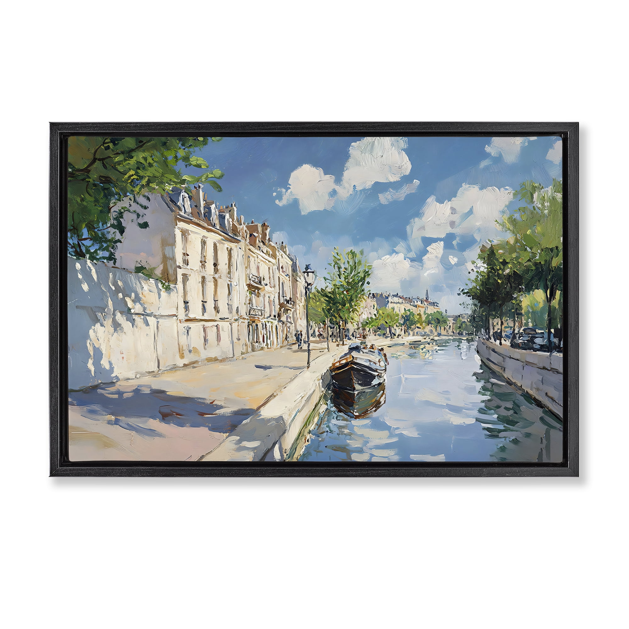 Stupell Industries Boat in Canal Summer Reflection Black Framed Floater Canvas Wall Art, design by Creative Studio