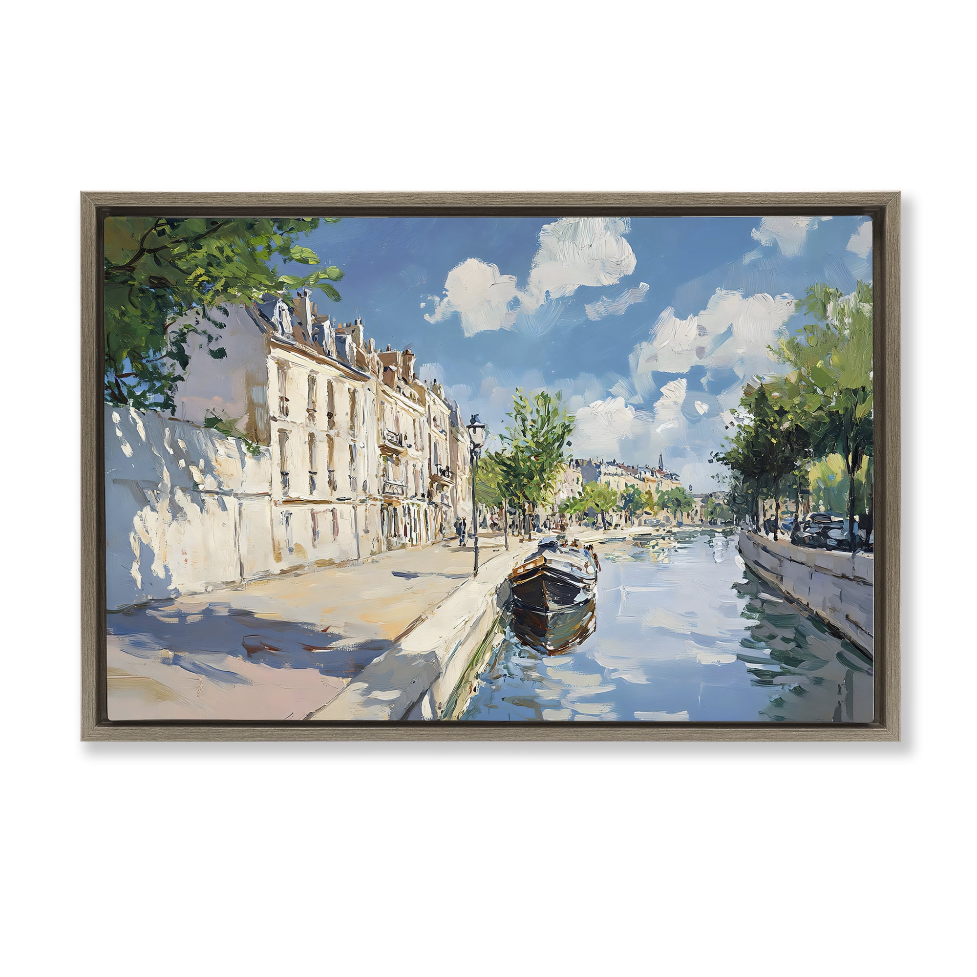 Stupell Industries Boat in Canal Summer Reflection Brown Framed Floater Canvas Wall Art, design by Creative Studio