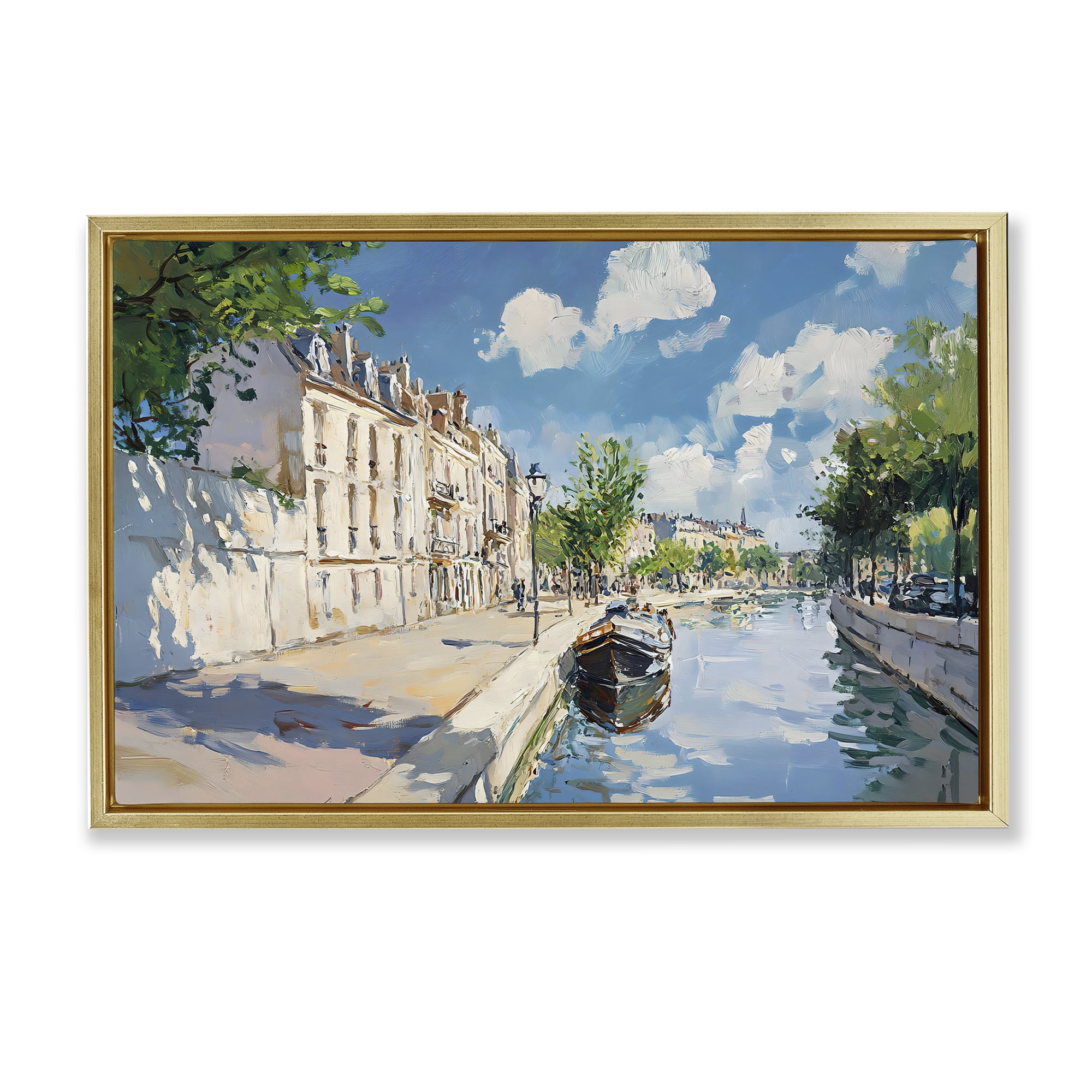 Stupell Industries Boat in Canal Summer Reflection Gold Framed Floater Canvas Wall Art, design by Creative Studio