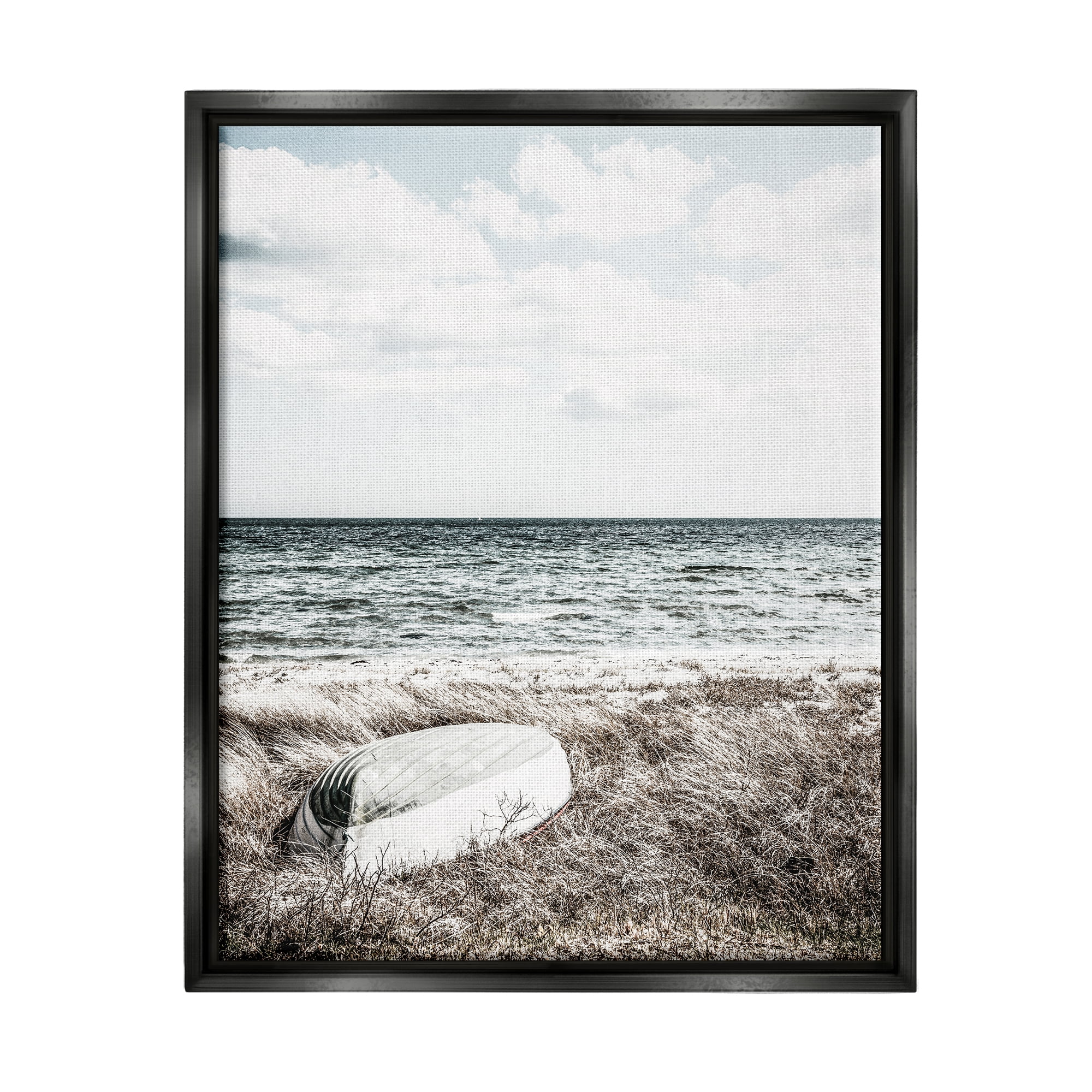 Stupell Industries Boat on Beach Coast Nature Photography Black Floater Framed Art Print Wall Art, 17 x 21