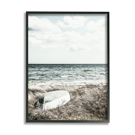 Stupell Industries Boat on Beach Coast Nature Photography Black Framed Art Print Wall Art, 24 x 30