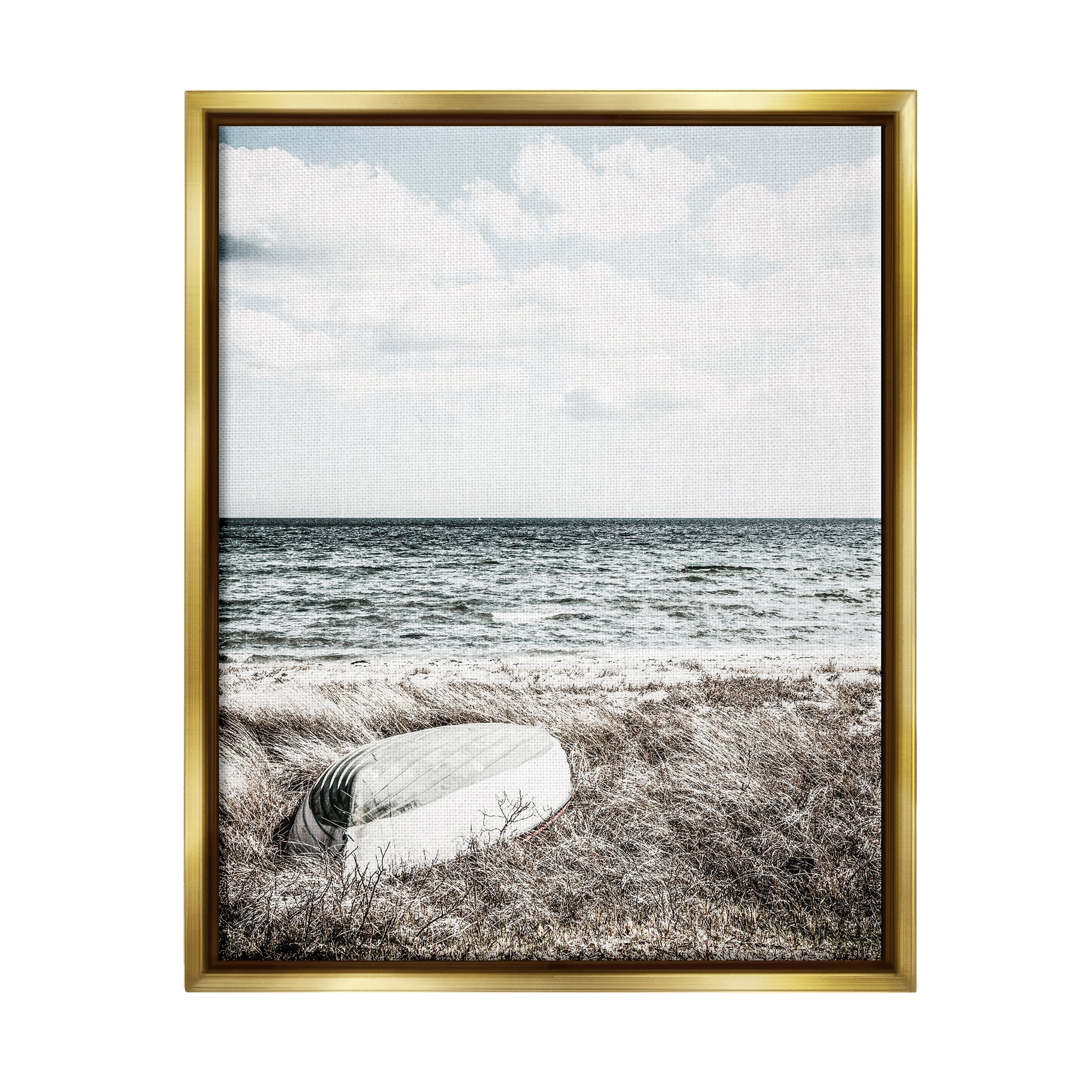 Stupell Industries Boat on Beach Coast Nature Photography Gold Floater Framed Art Print Wall Art, 25 x 31