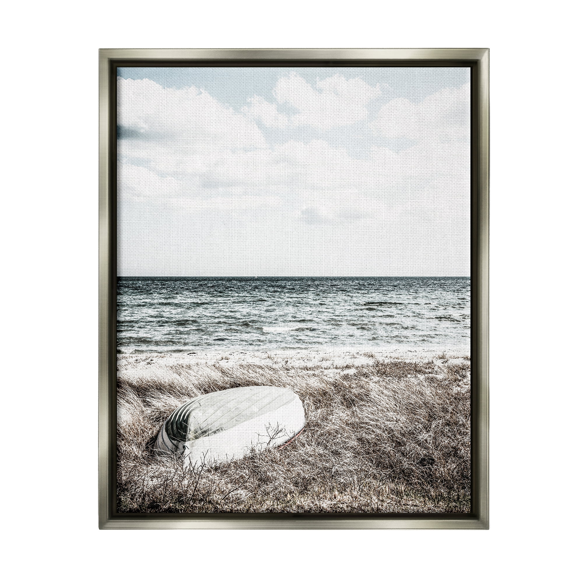 Stupell Industries Boat on Beach Coast Nature Photography Gray Floater Framed Art Print Wall Art, 25 x 31