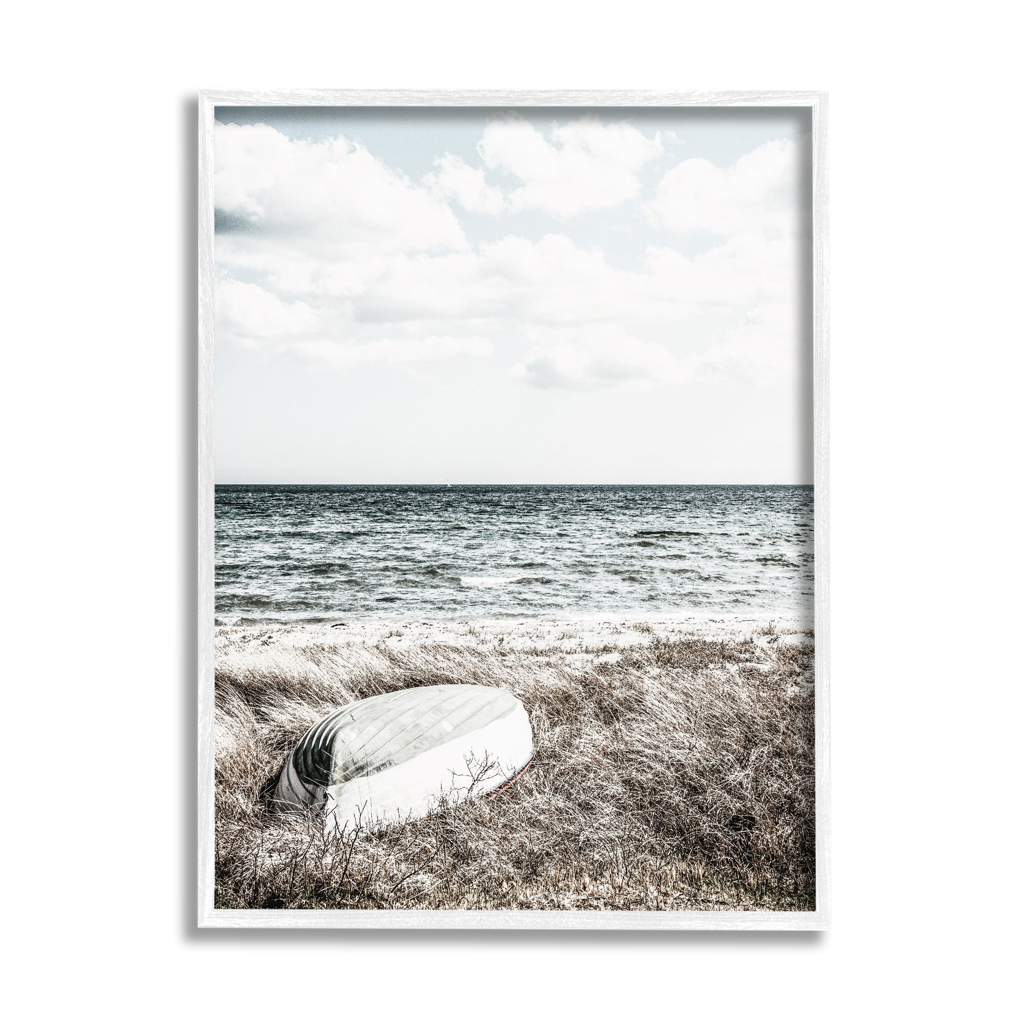 Stupell Industries Boat on Beach Coast Nature Photography White Framed Art Print Wall Art, 16 x 20