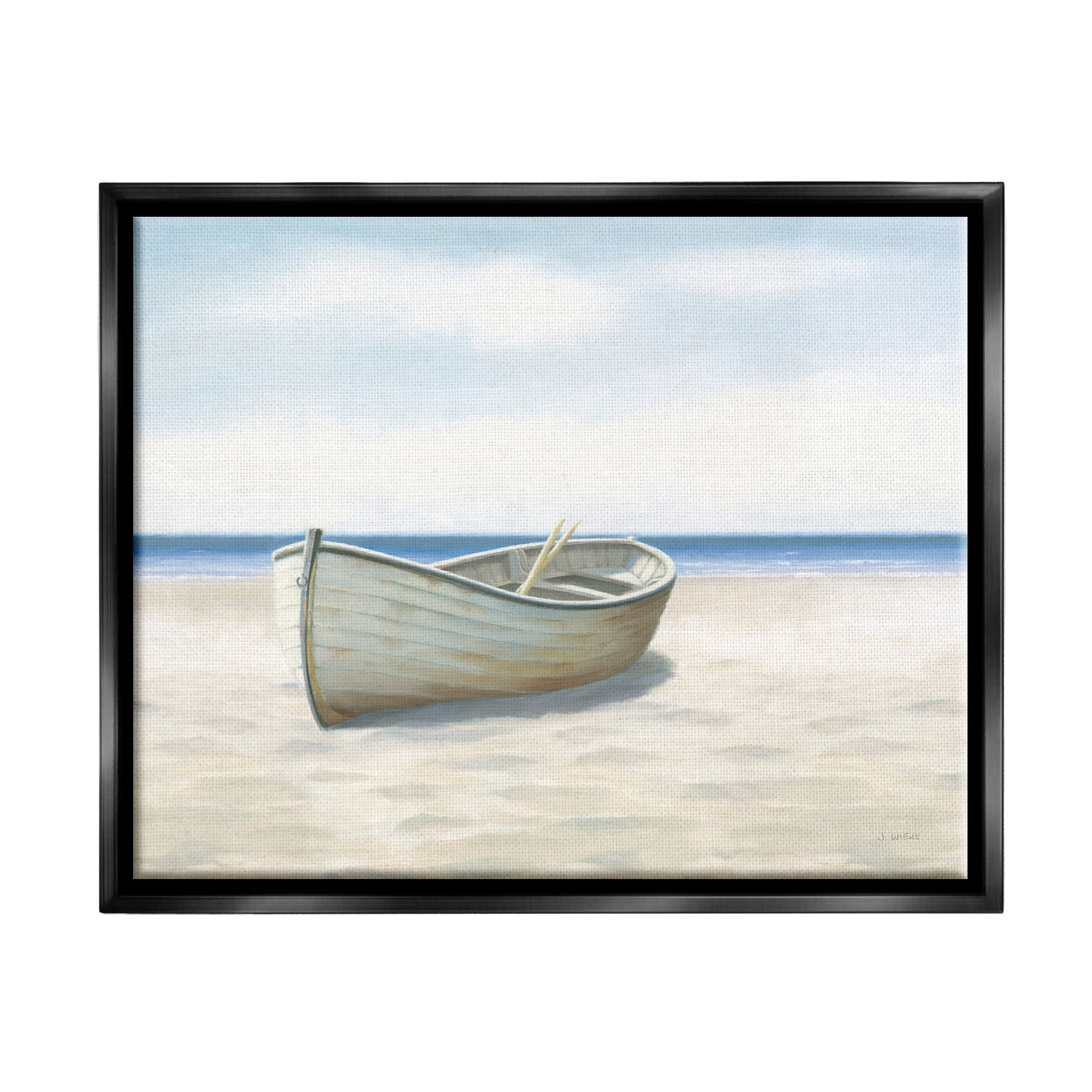 Stupell Industries Boat on Coast Painting Nature Painting Black Floater Framed Art Print Wall Art, 31 x 25