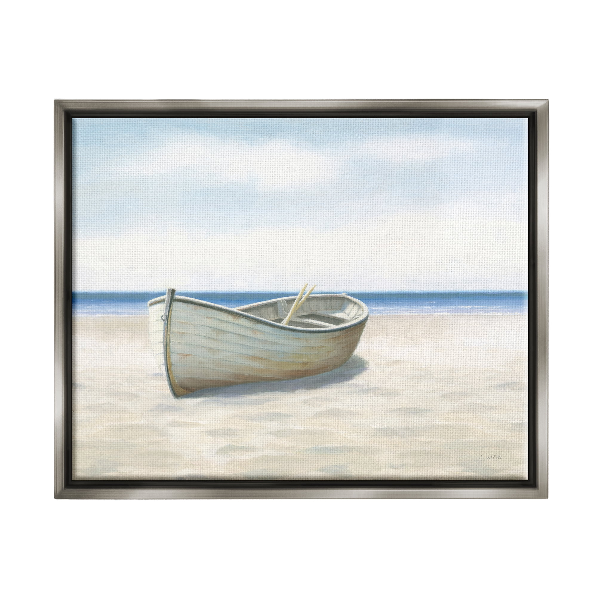 Stupell Industries Boat on Coast Painting Nature Painting Gray Floater Framed Art Print Wall Art, 21 x 17