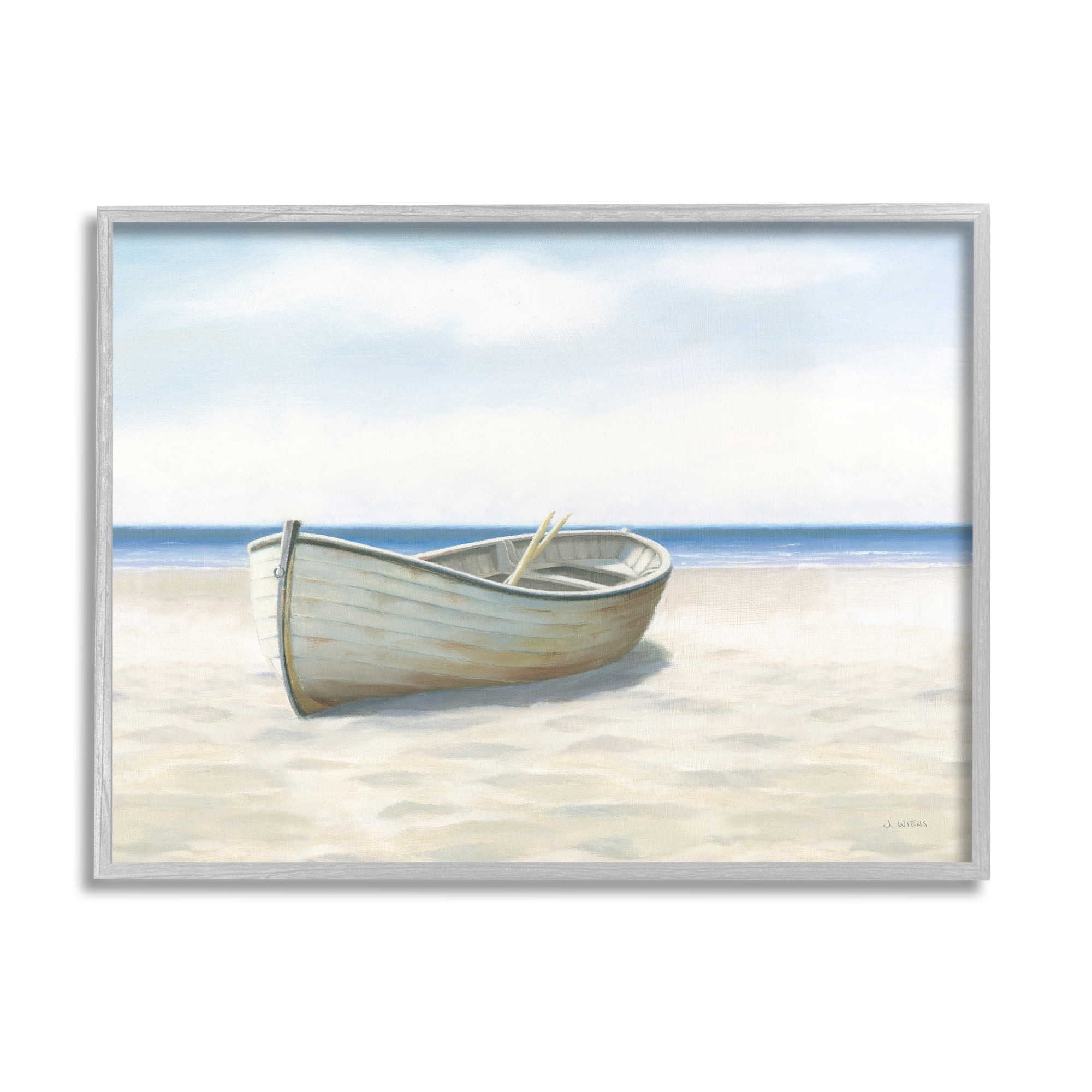 Stupell Industries Boat on Coast Painting Nature Painting Gray Framed Art Print Wall Art, 30 x 24
