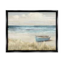 Stupell Industries Boat on Grassy Shore Landscape Painting Black Floater Framed Canvas Art Print Wall Art, 21 x 17