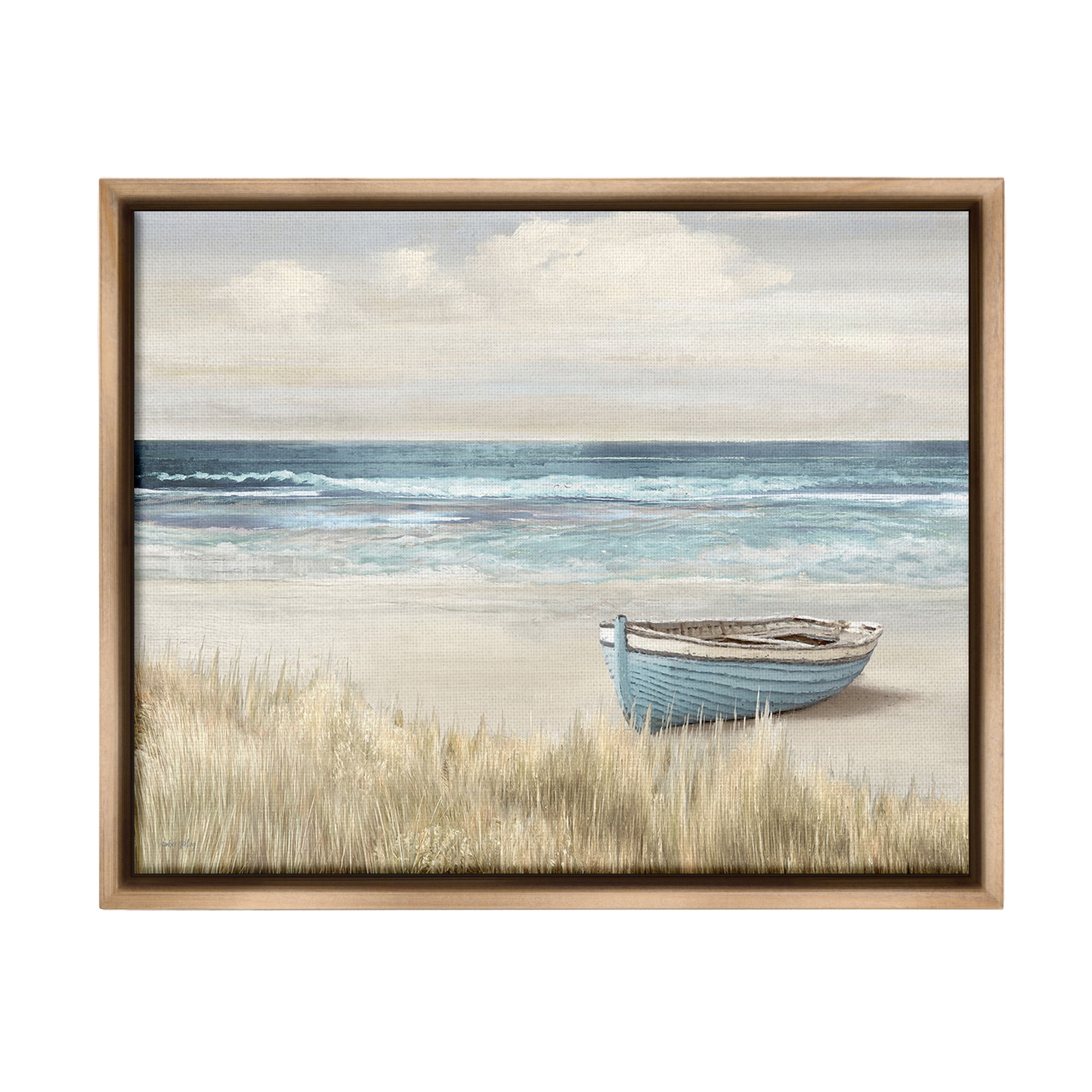 Stupell Industries Boat on Grassy Shore Landscape Painting Brown Floater Framed Canvas Art Print Wall Art, 21 x 17