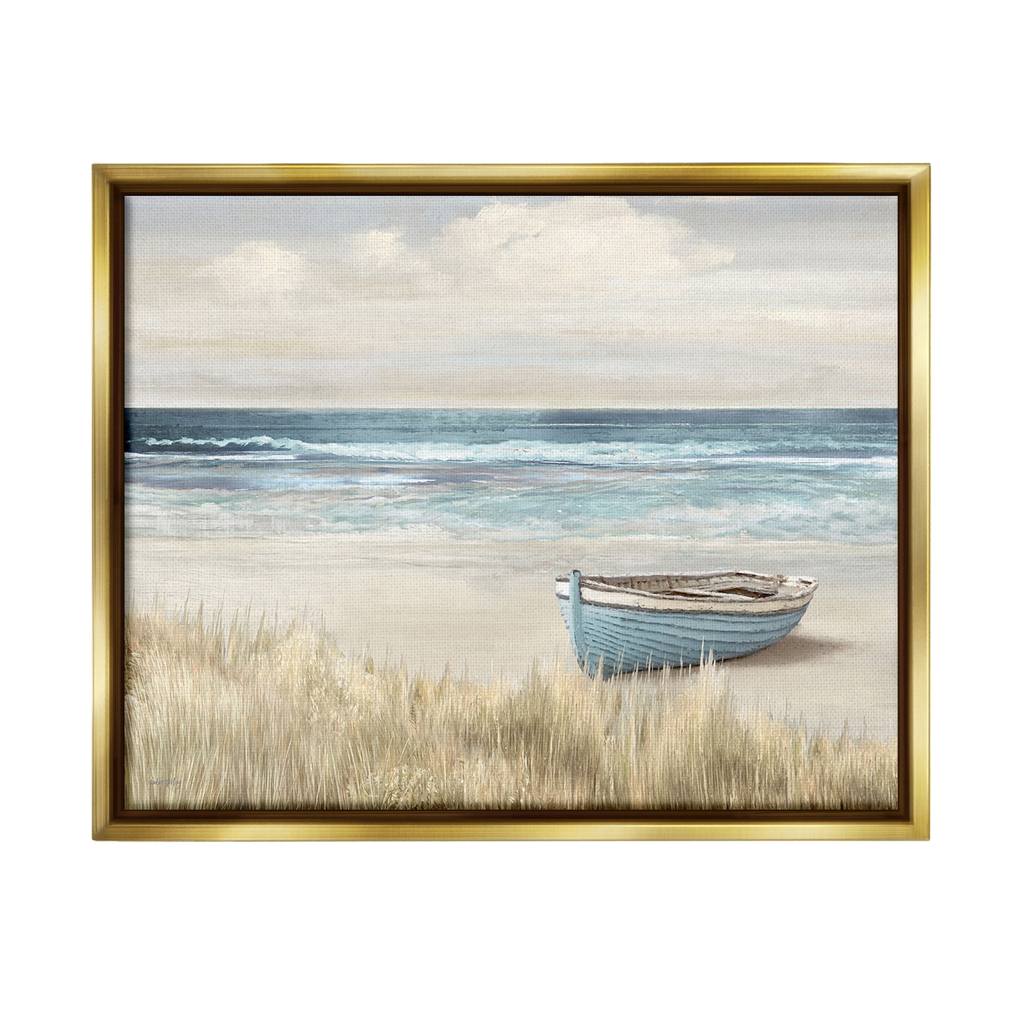 Stupell Industries Boat on Grassy Shore Landscape Painting Gold Floater Framed Canvas Art Print Wall Art, 21 x 17