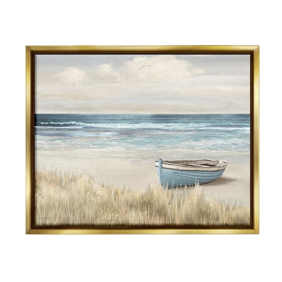 Stupell Industries Boat on Grassy Shore Landscape Painting Gold Floater Framed Canvas Art Print Wall Art, 31 x 25