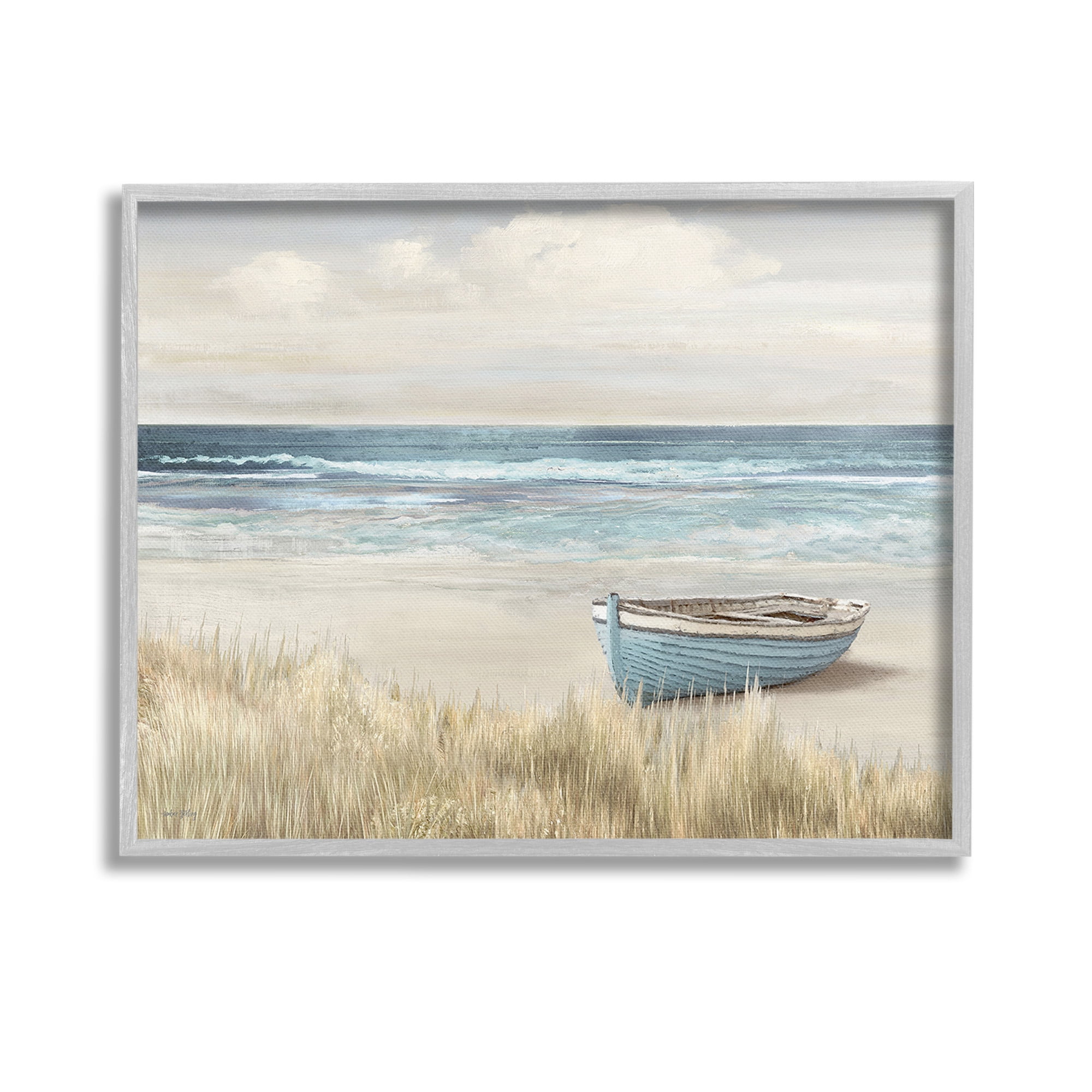 Stupell Industries Boat on Grassy Shore Landscape Painting Gray Framed Art Print Wall Art, 14 x 11
